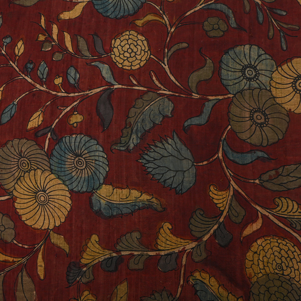 Dark Maroon Floral Vine Kalamkari Handloom Silk Fabric