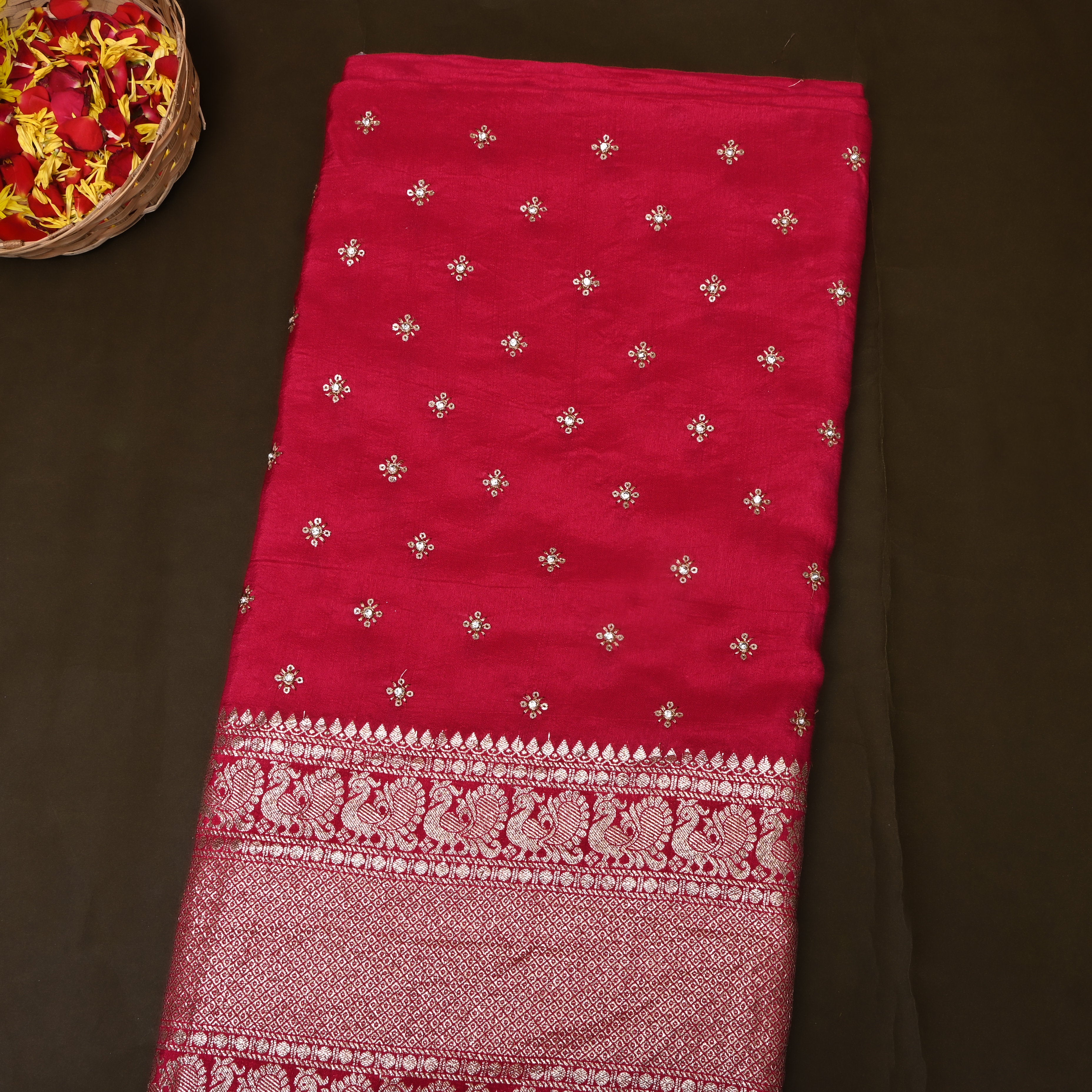 Rich Crimson Red Zari Buti Sequin Embroidery Silk Fabric