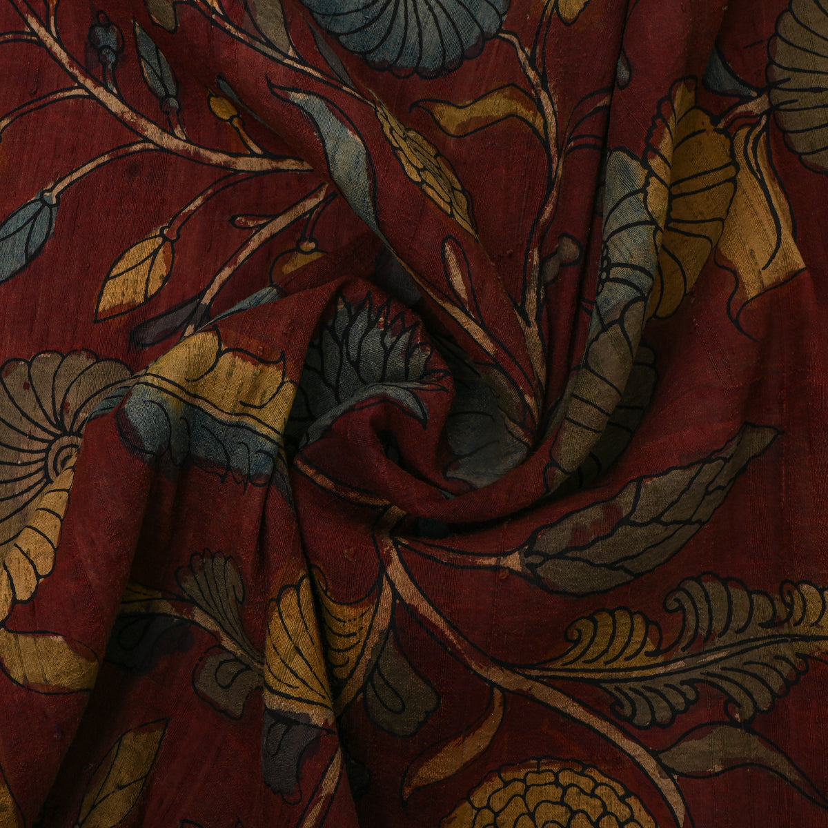 Dark Maroon Floral Vine Kalamkari Handloom Silk Fabric