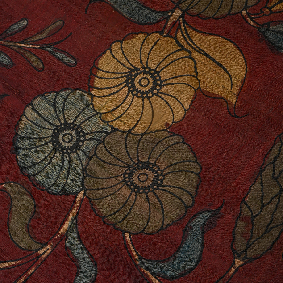 Dark Maroon Floral Vine Kalamkari Handloom Silk Fabric