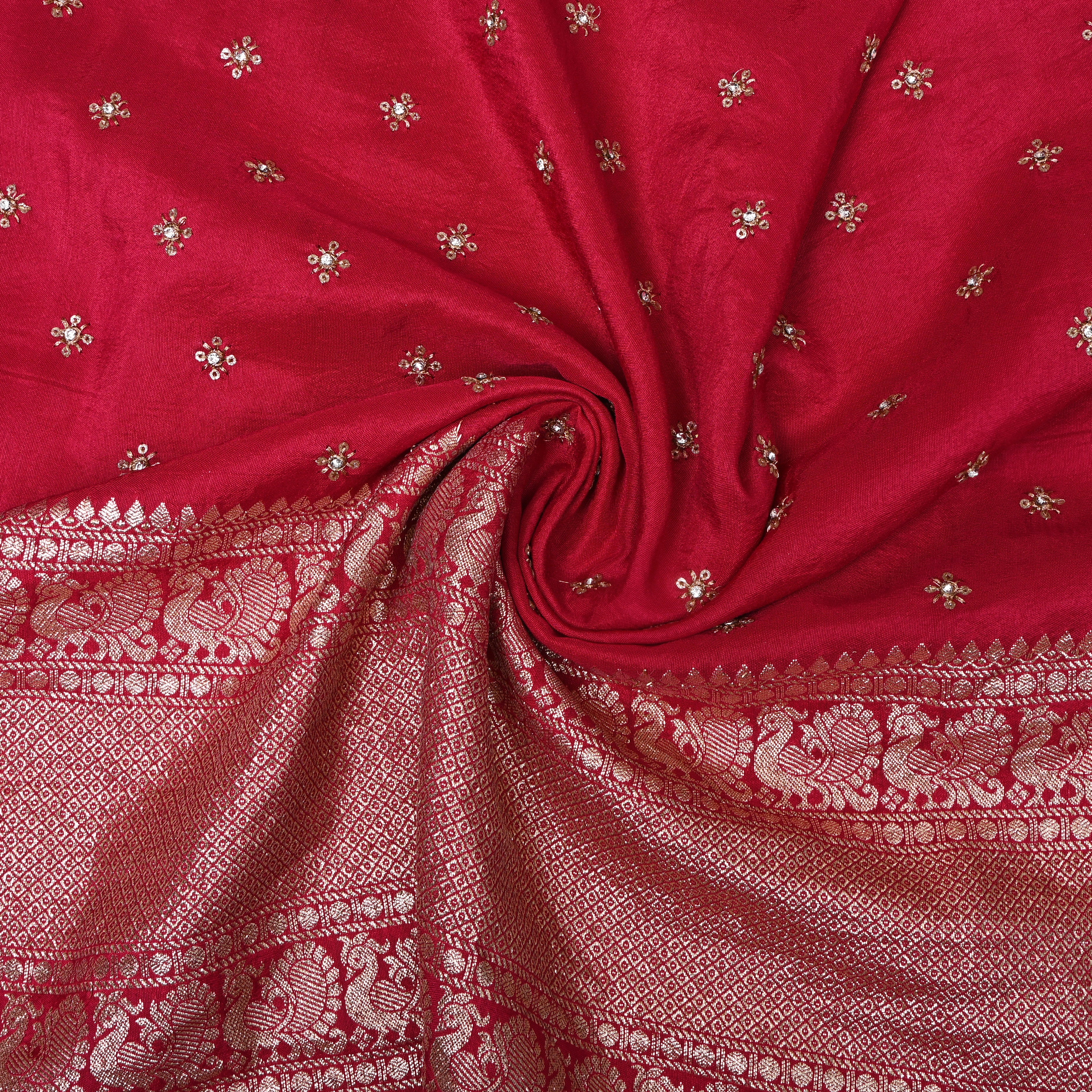 Rich Crimson Red Zari Buti Sequin Embroidery Silk Fabric