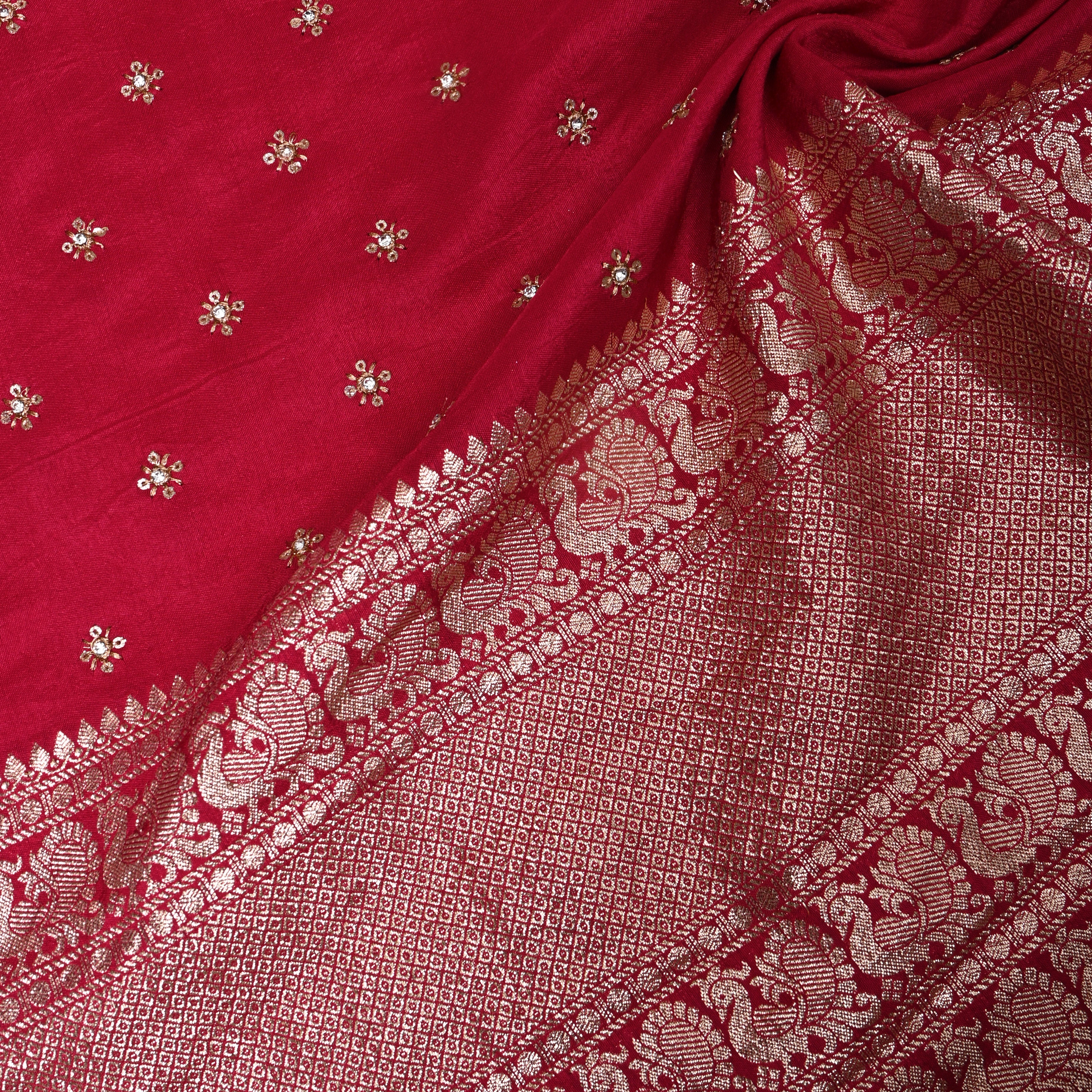 Rich Crimson Red Zari Buti Sequin Embroidery Silk Fabric