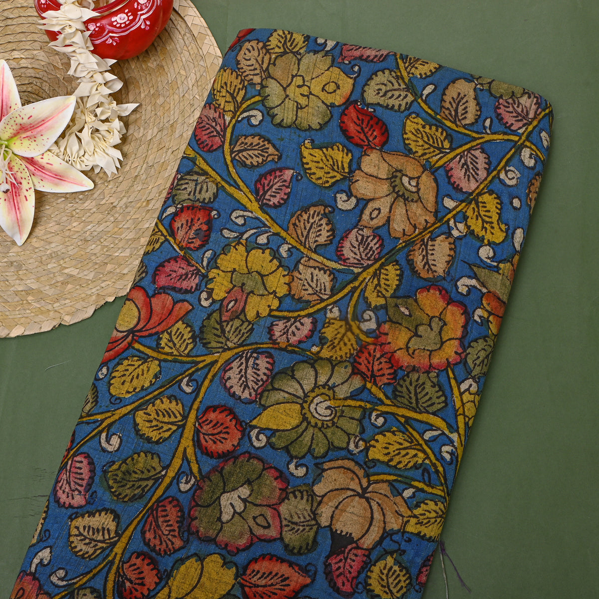 Lapis Blue Parrot Floral Kalamkari Handloom Cotton Fabric