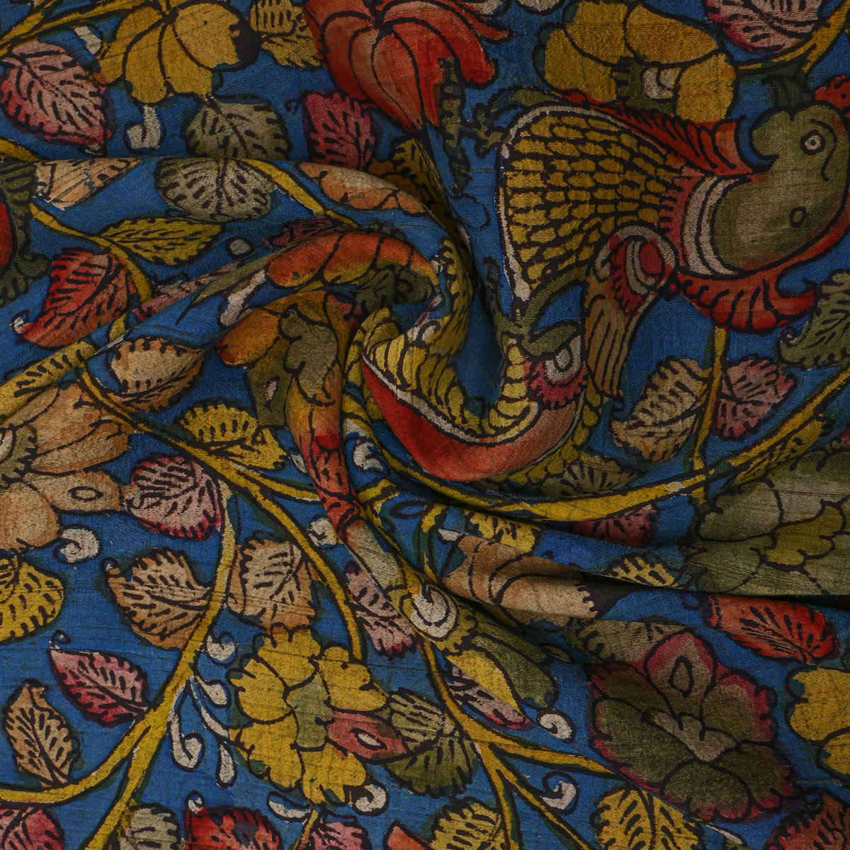 Lapis Blue Parrot Floral Kalamkari Handloom Cotton Fabric