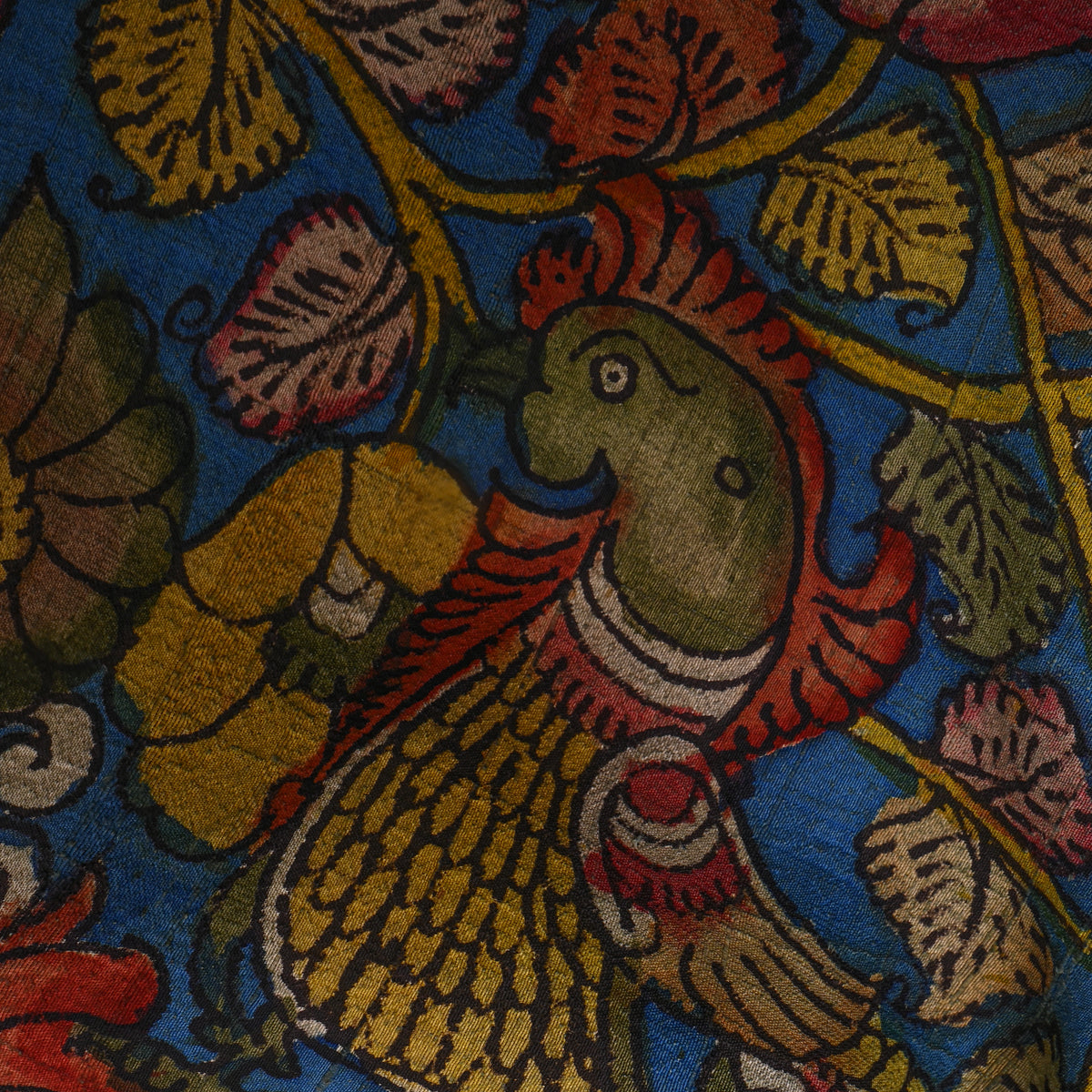 Lapis Blue Parrot Floral Kalamkari Handloom Cotton Fabric