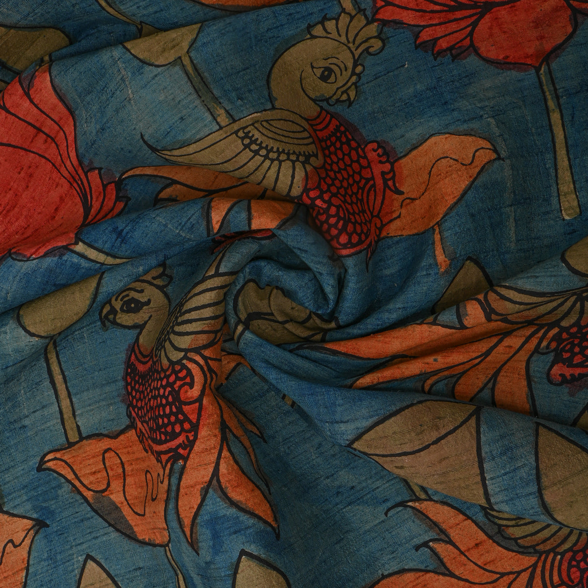 Sapphire Blue Parrot Lotus Kalamkari Handloom Silk Fabric