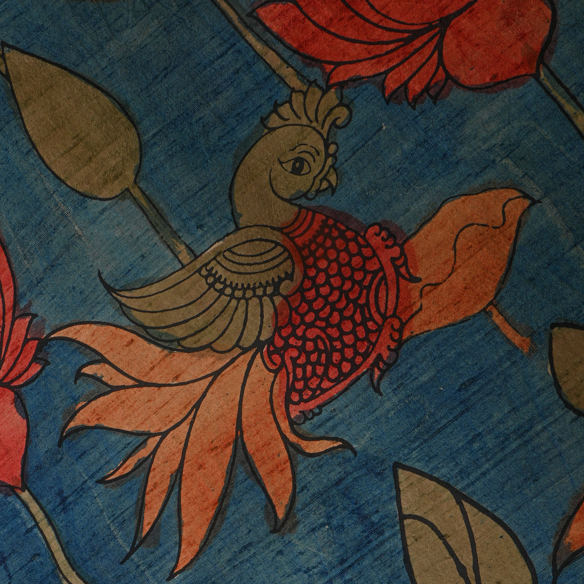 Sapphire Blue Parrot Lotus Kalamkari Handloom Silk Fabric