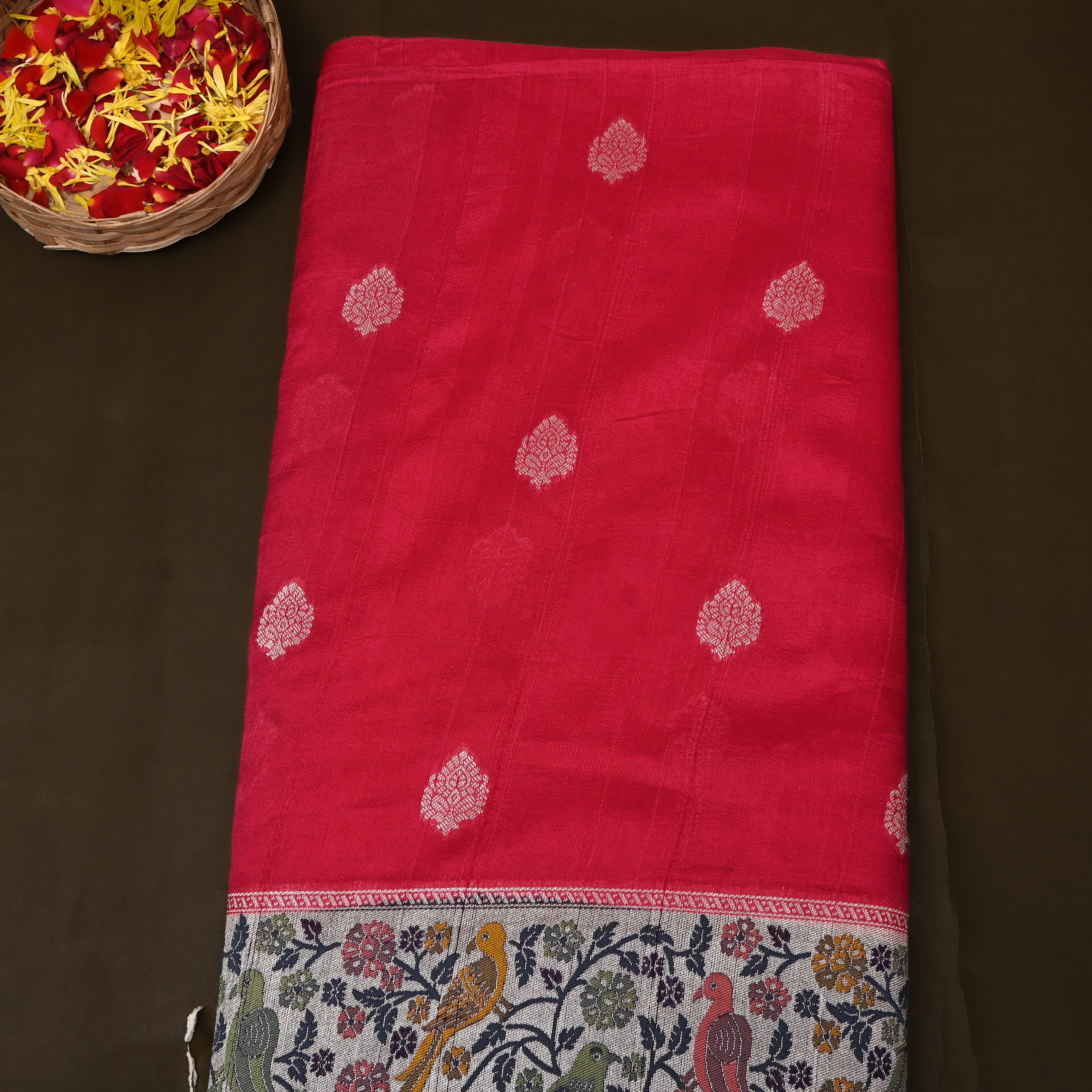 Crimson Red Paithani Bird Border Jamawar Silk