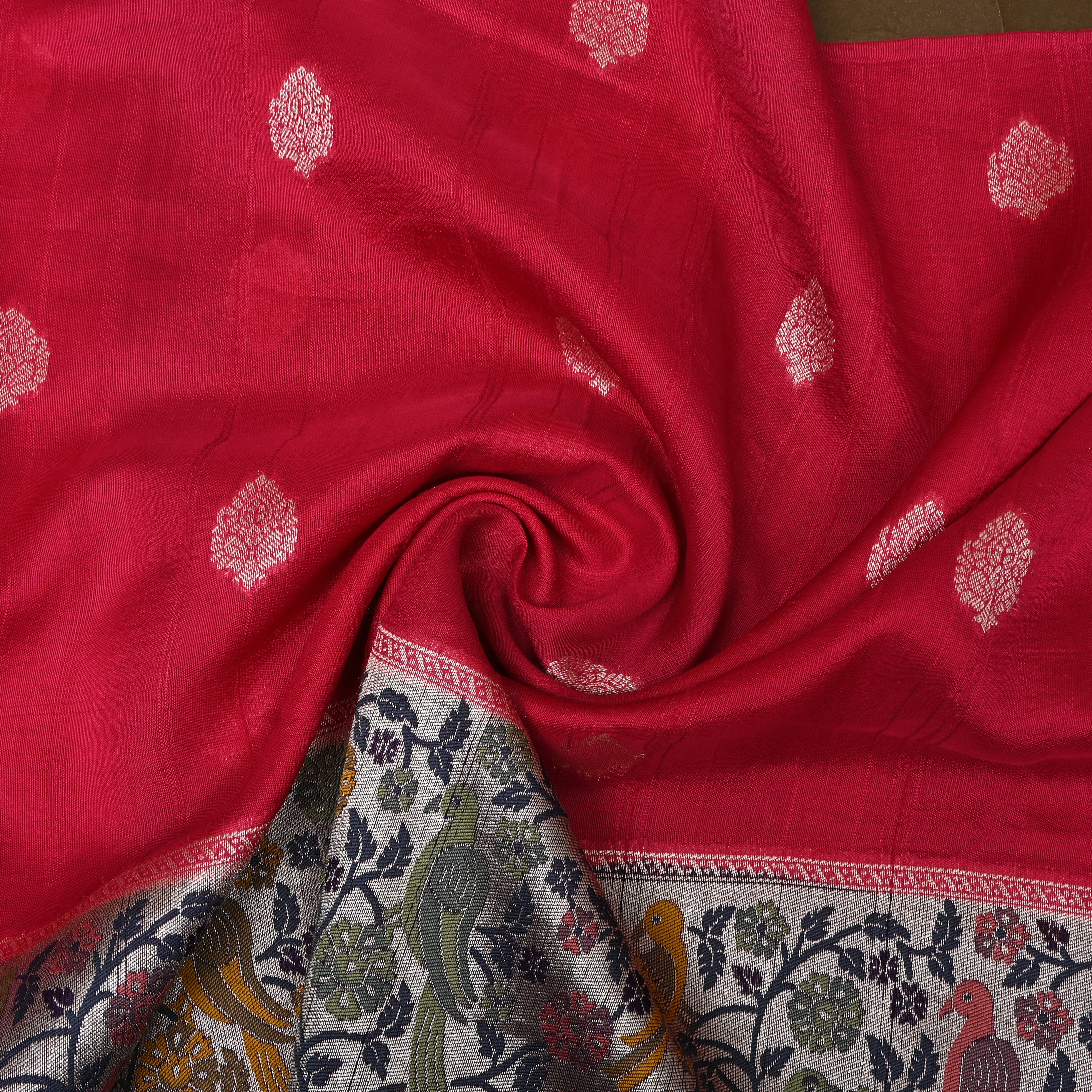 Crimson Red Paithani Bird Border Jamawar Silk