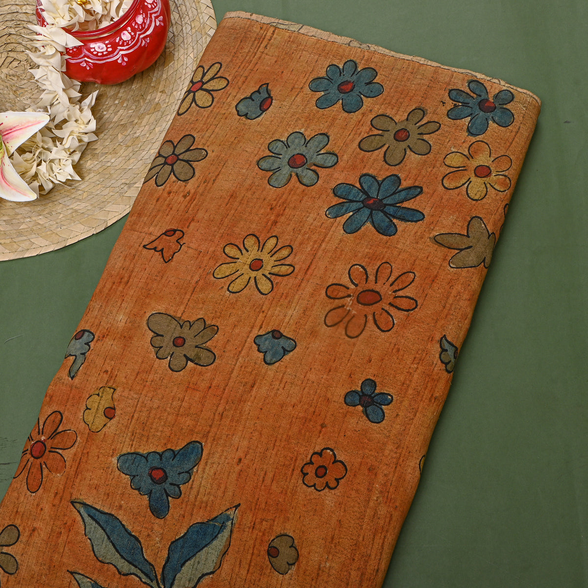 Terracotta Daisy Scatter Kalamkari Handloom Silk Fabric