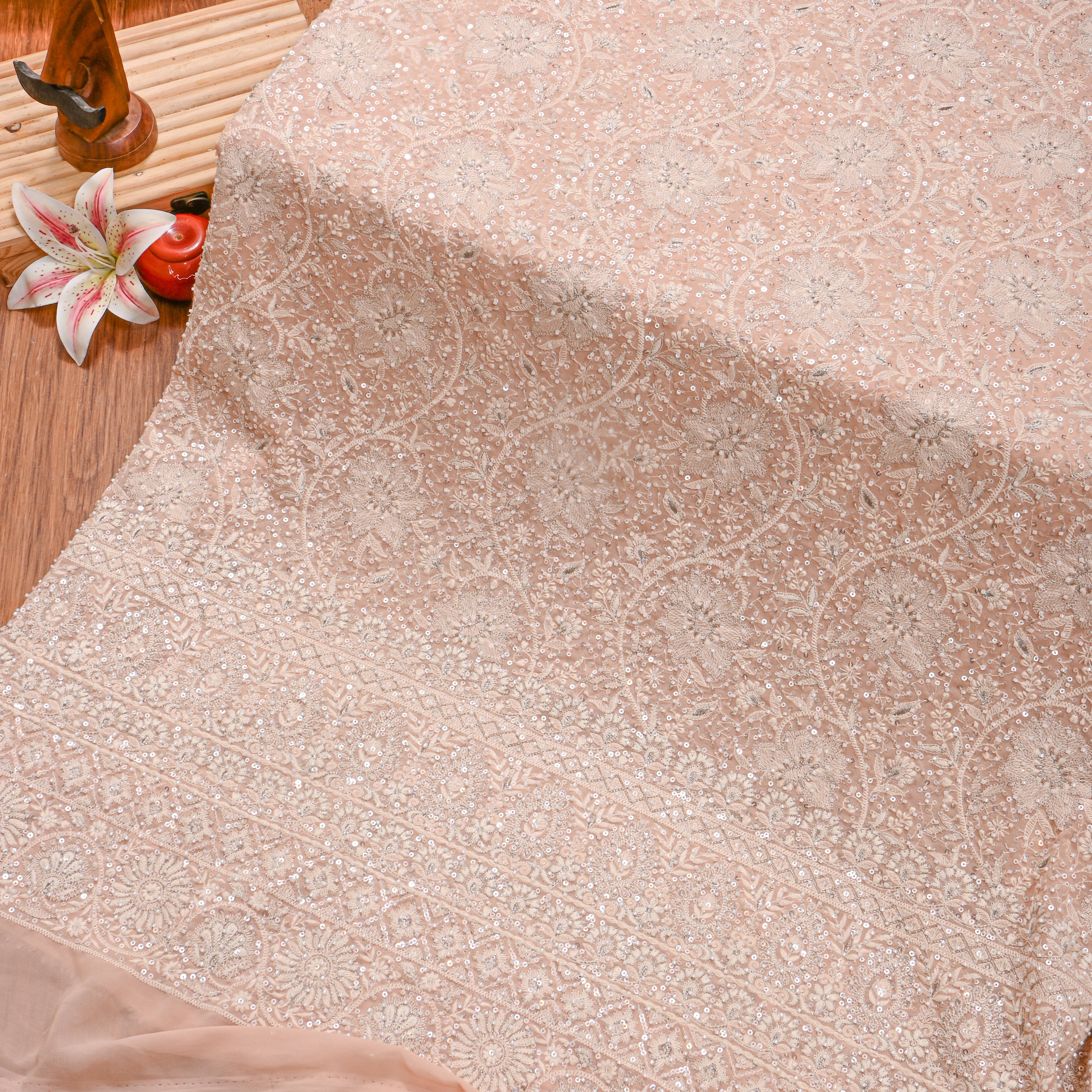 Soft Peach Sequin Embroidery Georgette Fabric