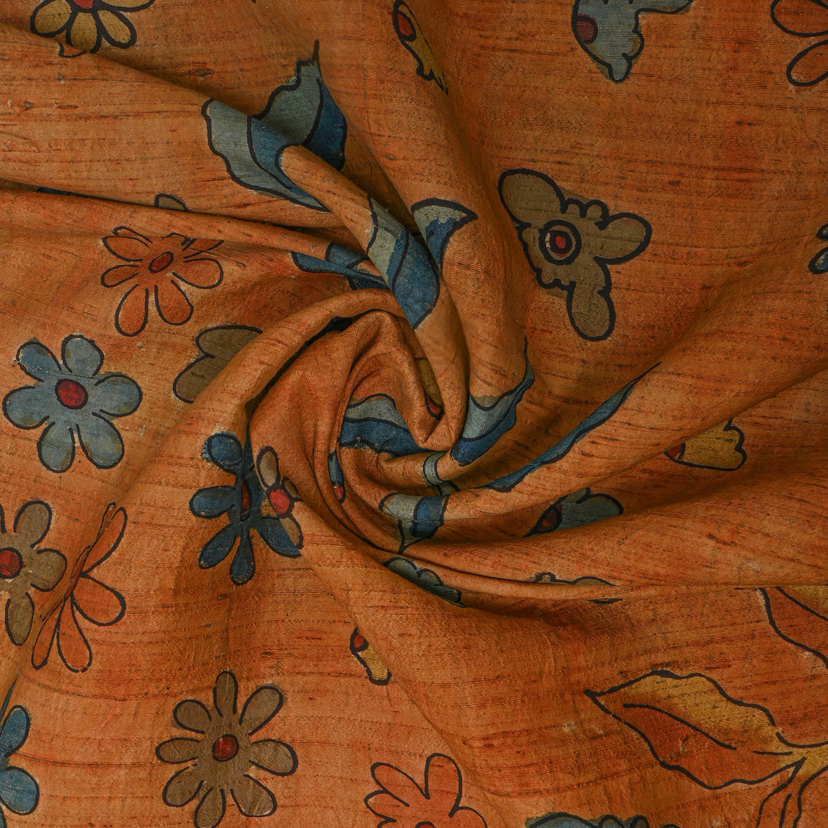 Terracotta Daisy Scatter Kalamkari Handloom Silk Fabric