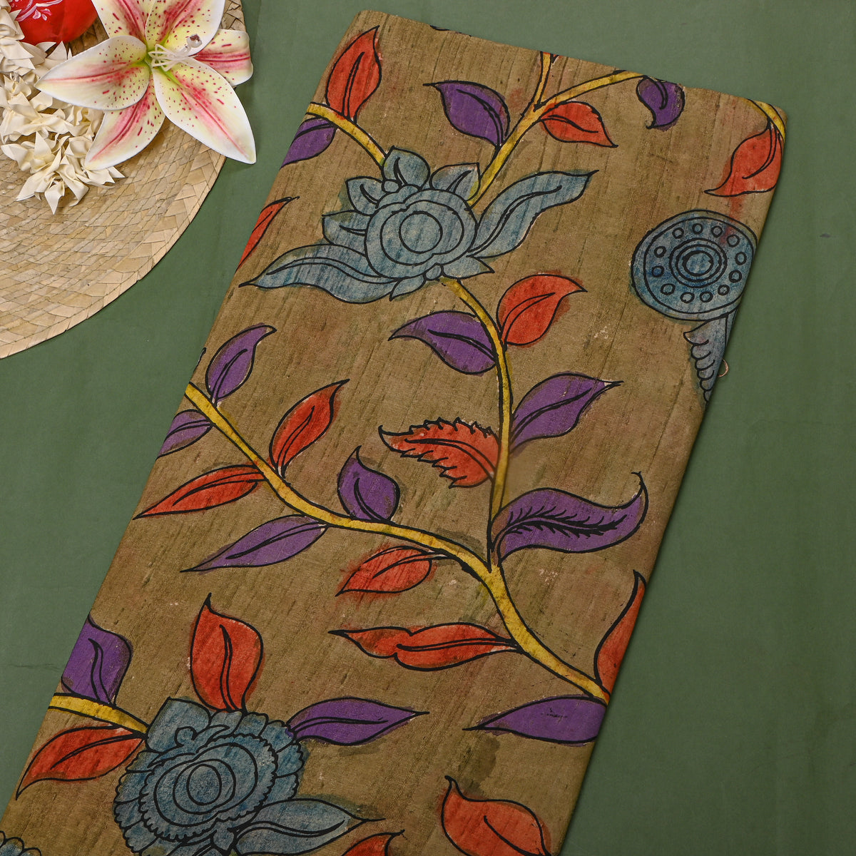 Sand Khaki Leafy Vine Kalamkari Handloom Silk Fabric
