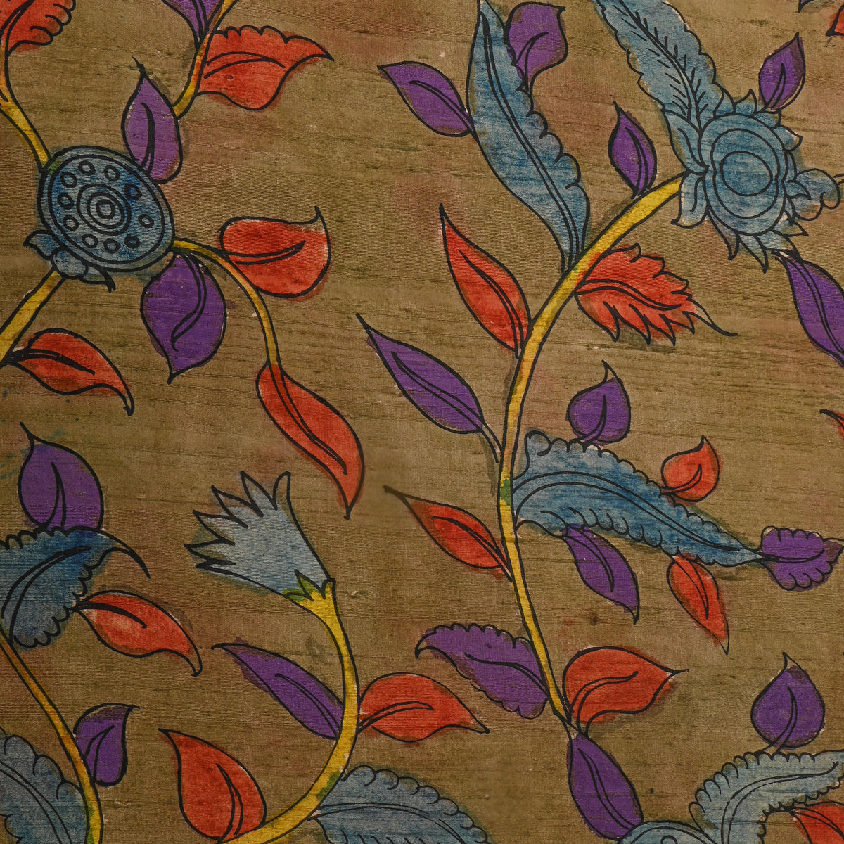 Sand Khaki Leafy Vine Kalamkari Handloom Silk Fabric