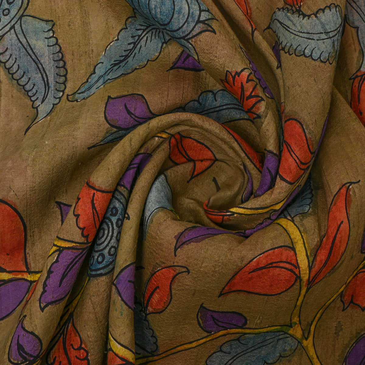 Sand Khaki Leafy Vine Kalamkari Handloom Silk Fabric