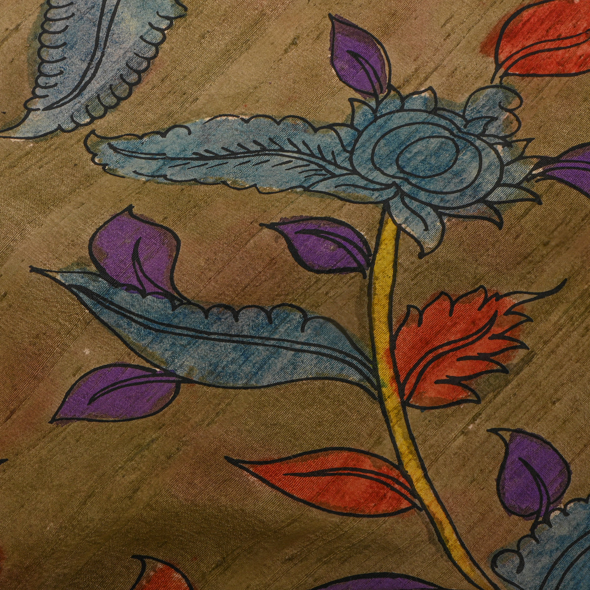 Sand Khaki Leafy Vine Kalamkari Handloom Silk Fabric