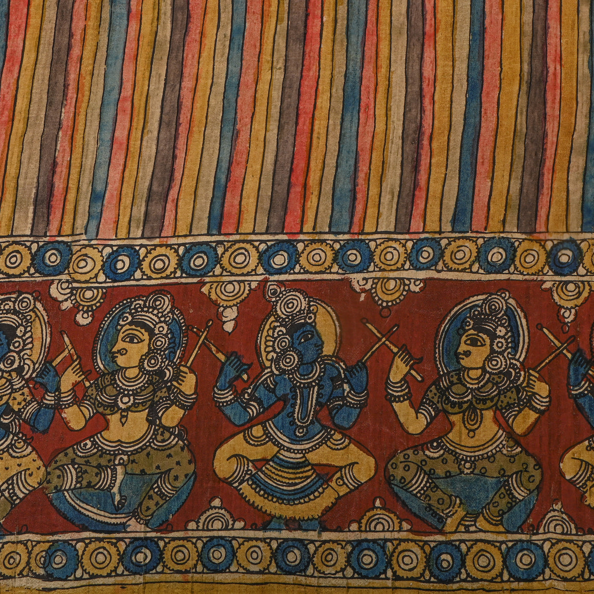 Rangoli Multi Stripe Musician Border Kalamkari Handloom Silk Fabric