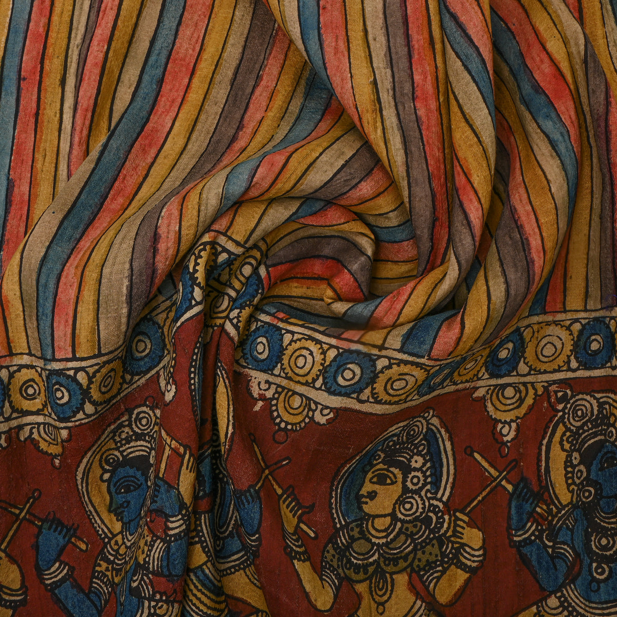 Rangoli Multi Stripe Musician Border Kalamkari Handloom Silk Fabric