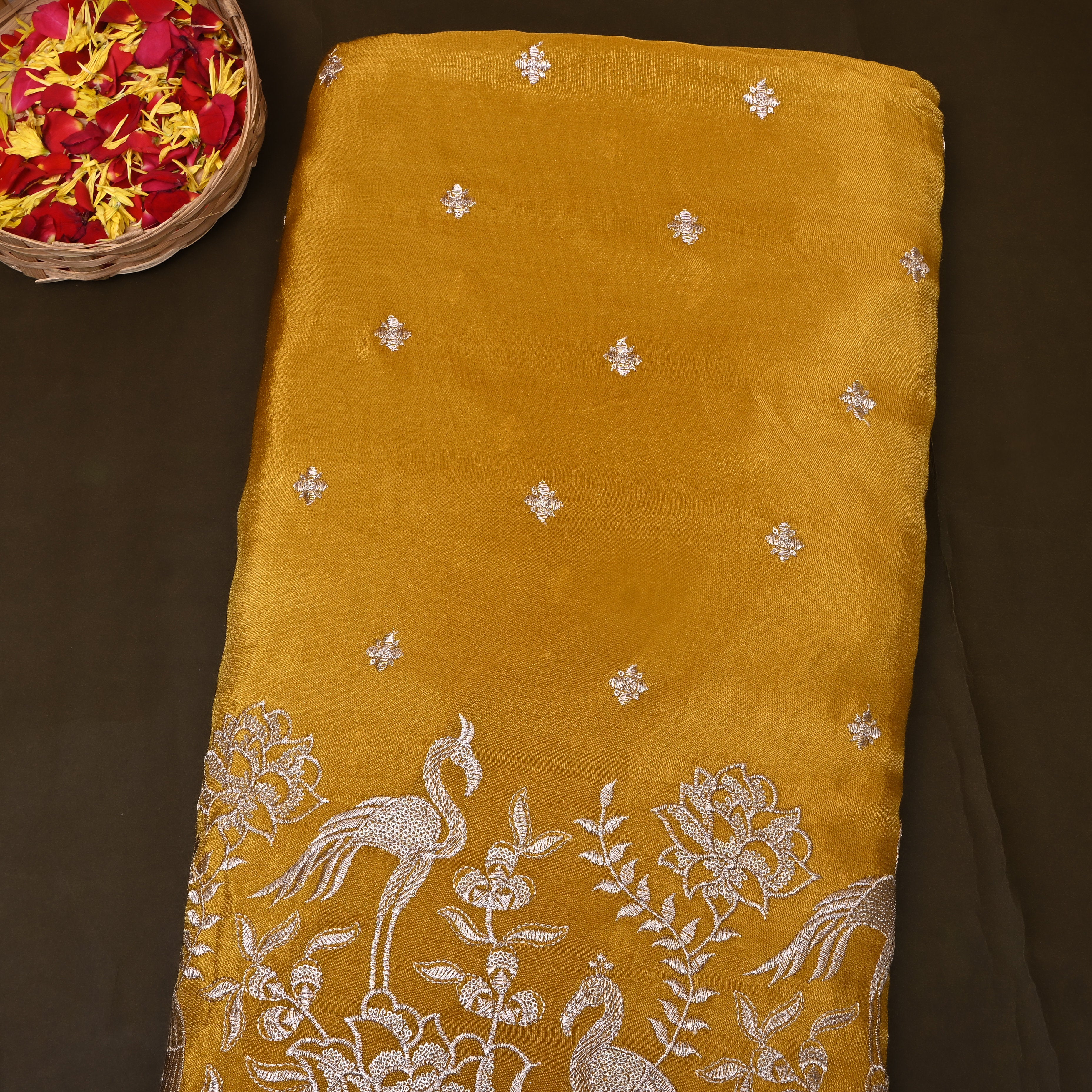 Muatard Yellow Floral And Crane Embroidery Tissue Fabric