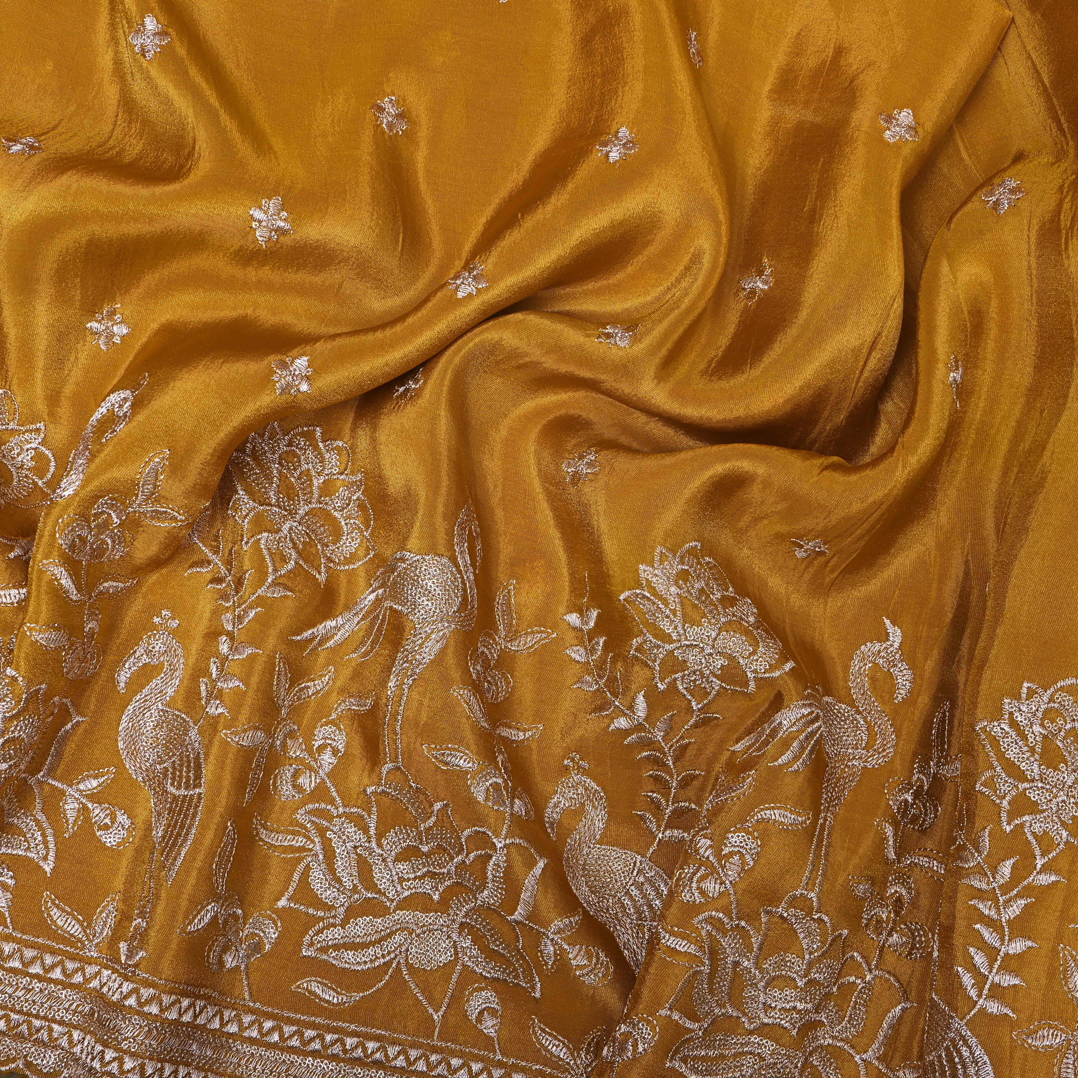 Muatard Yellow Floral And Crane Embroidery Tissue Fabric