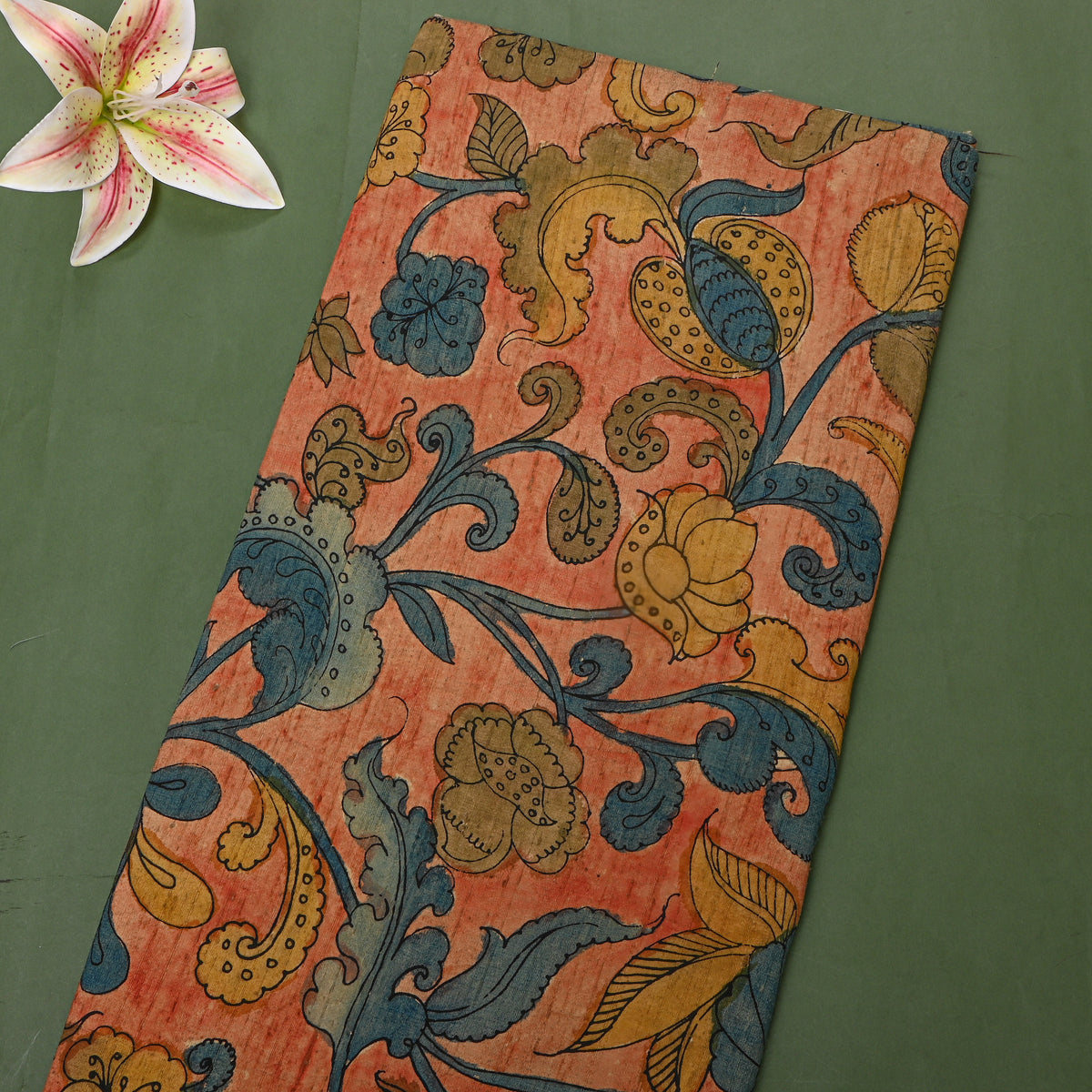 Dark Orange Lotus Pond Kalamkari Handloom Silk Fabric