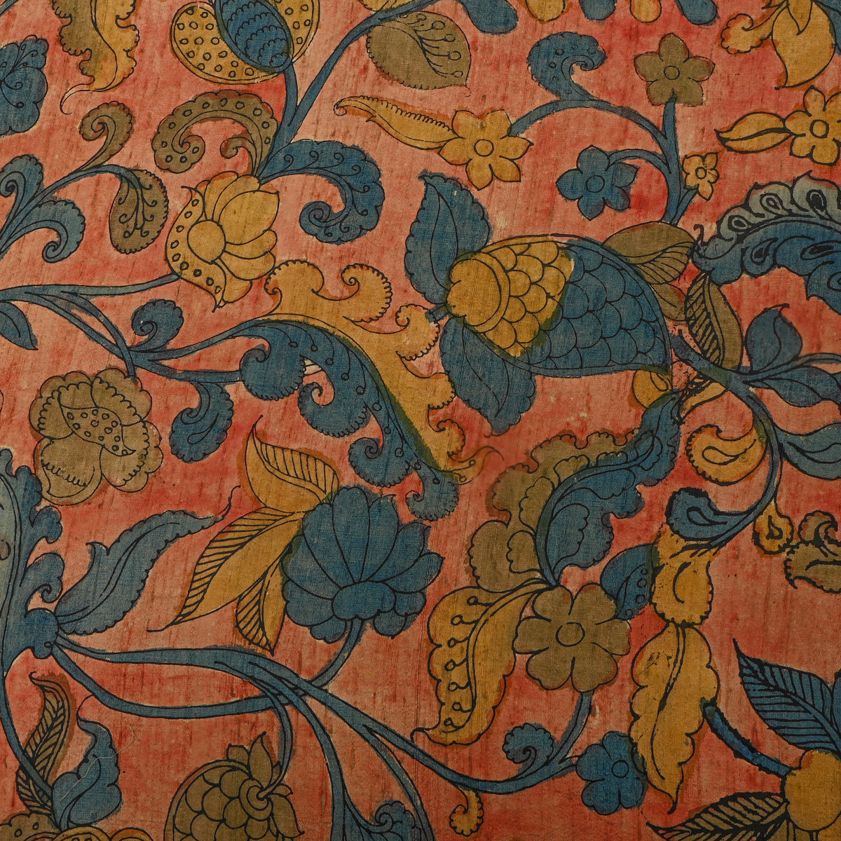 Dark Orange Lotus Pond Kalamkari Handloom Silk Fabric