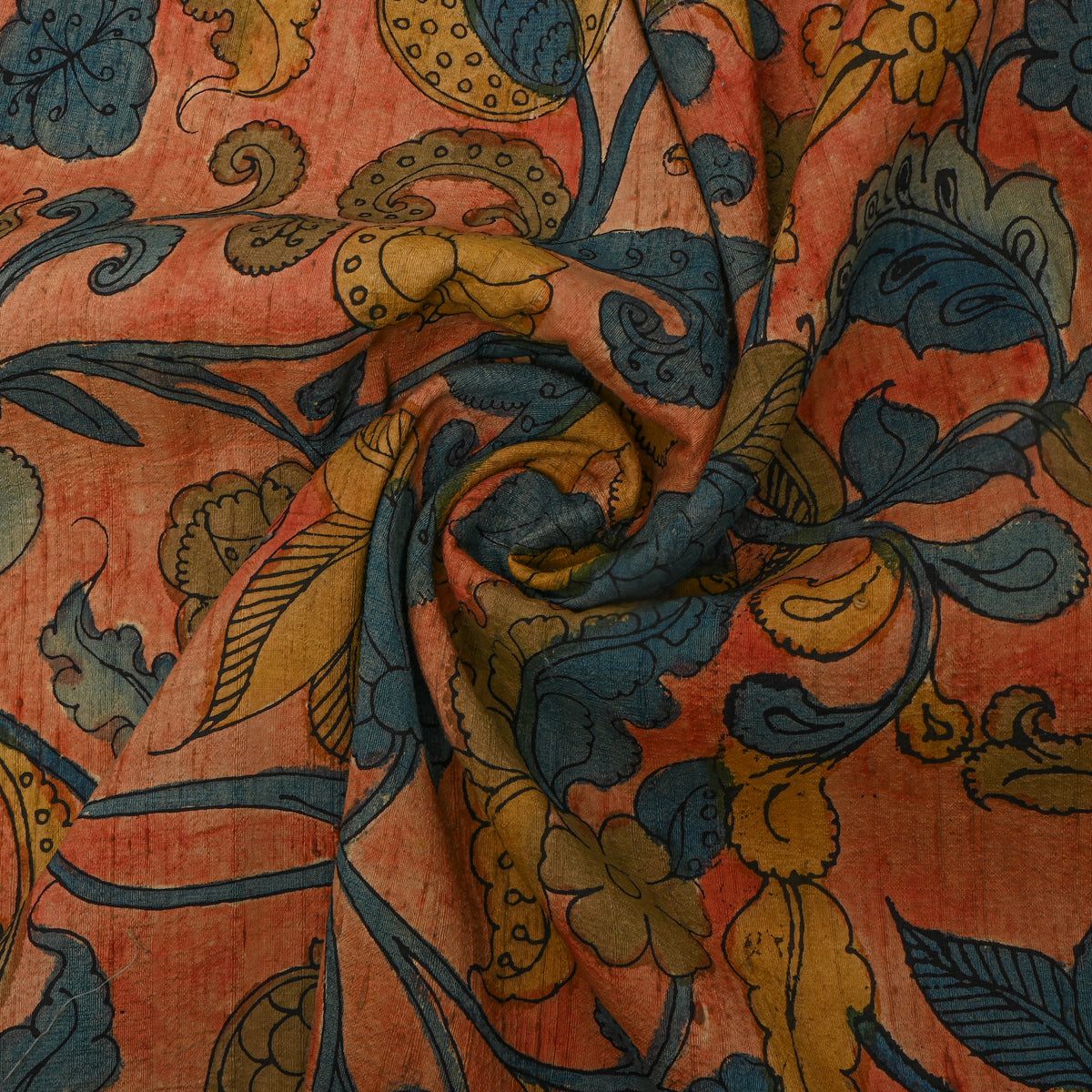 Dark Orange Lotus Pond Kalamkari Handloom Silk Fabric