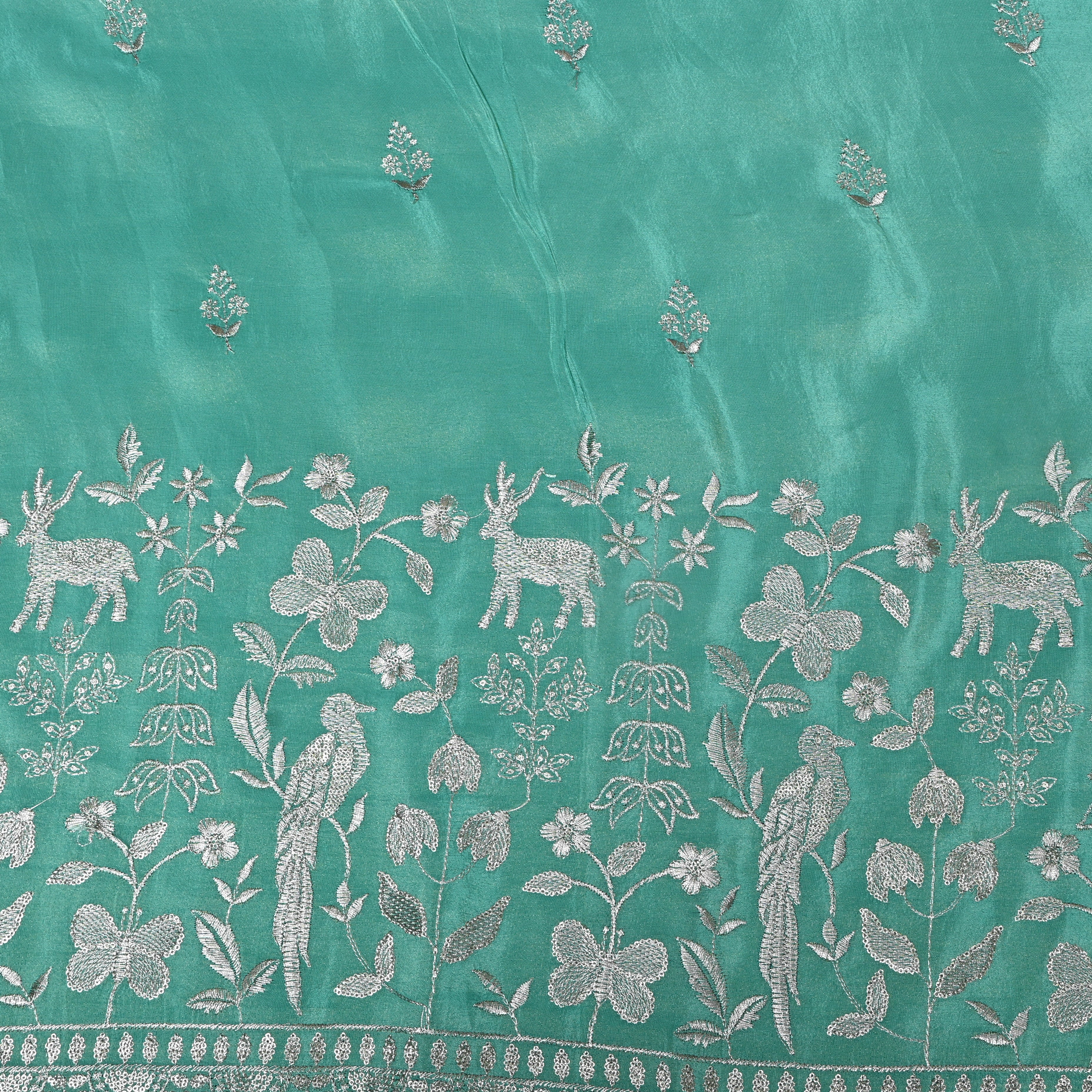 Turquoise Floral Shikargah Embroidery Tissue Fabric