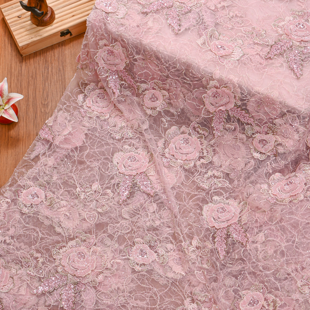 Petal Pink Floral Lace Sequin Net Fabric