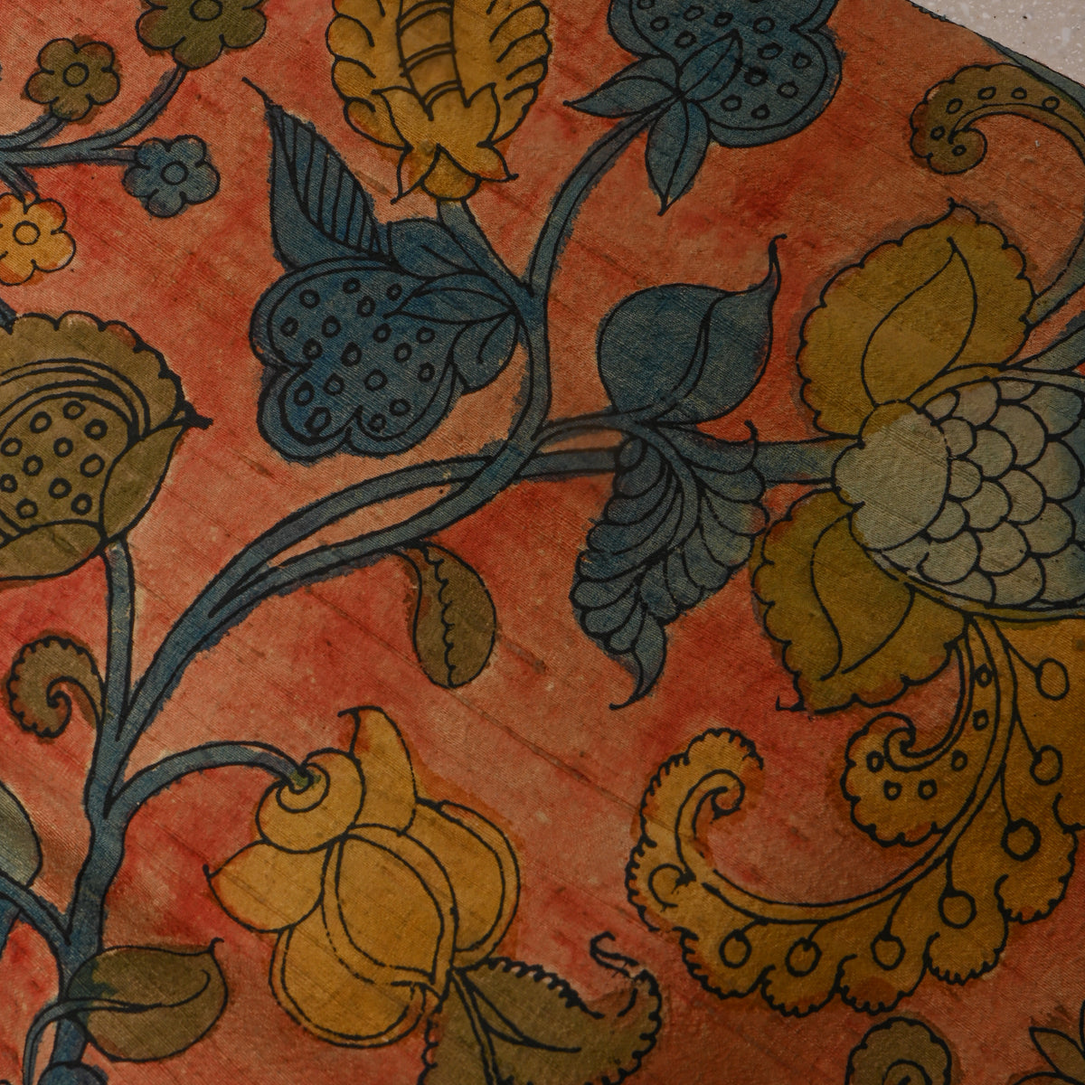 Dark Orange Lotus Pond Kalamkari Handloom Silk Fabric