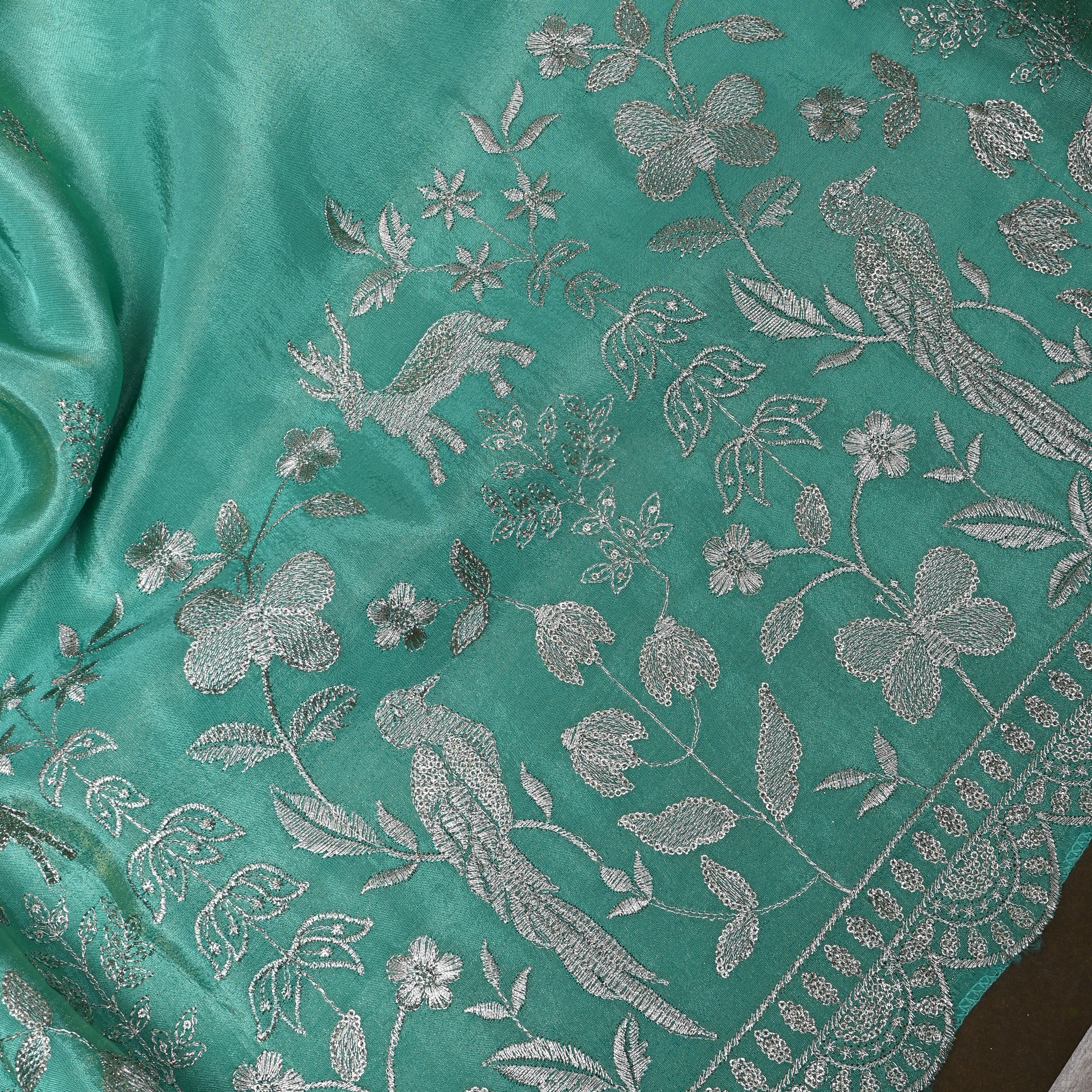 Turquoise Floral Shikargah Embroidery Tissue Fabric