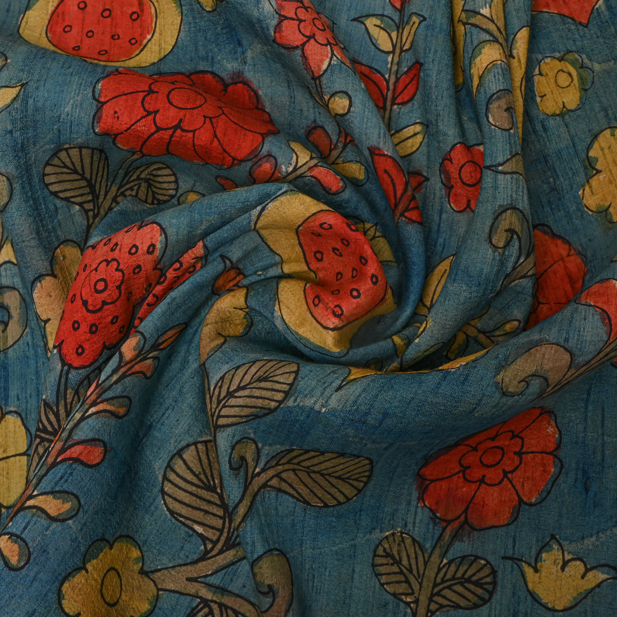 Cerulean Blue Pomegranate Floral Kalamkari Handloom Silk Fabric