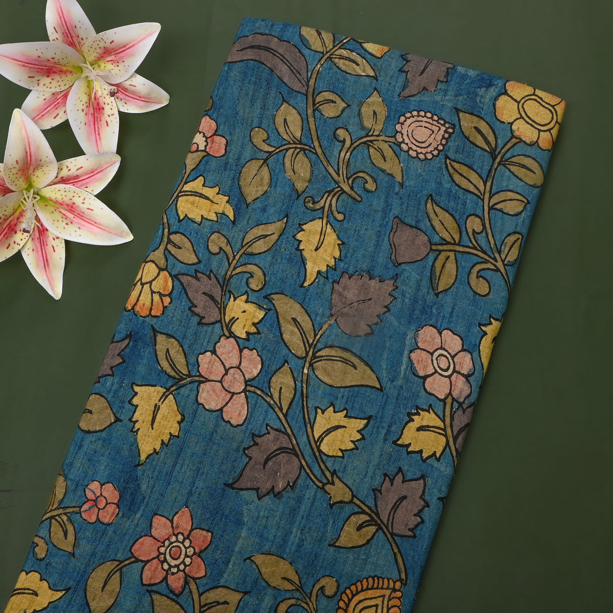 Peacock Blue Leafy Vine Kalamkari Handloom Silk Fabric