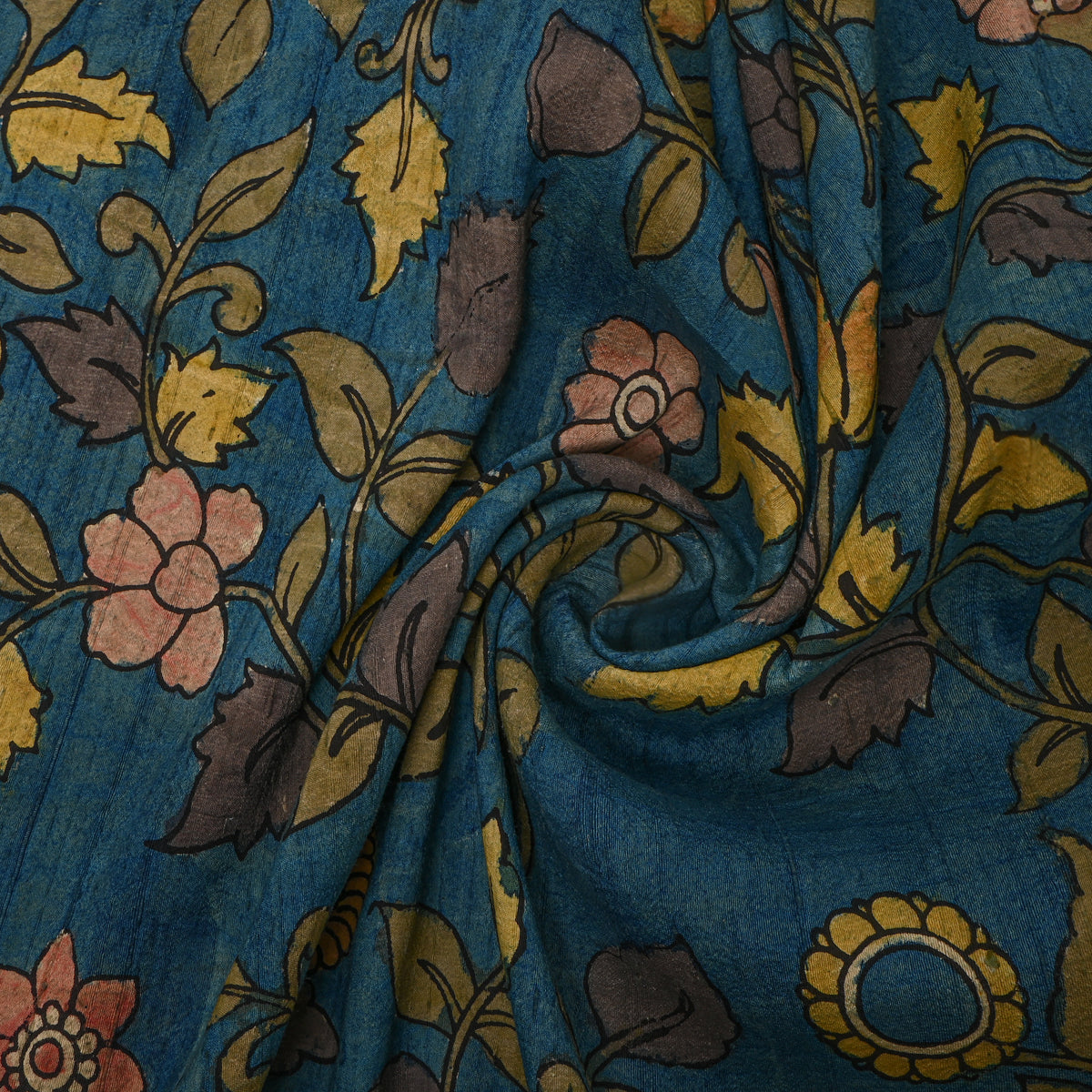 Peacock Blue Leafy Vine Kalamkari Handloom Silk Fabric