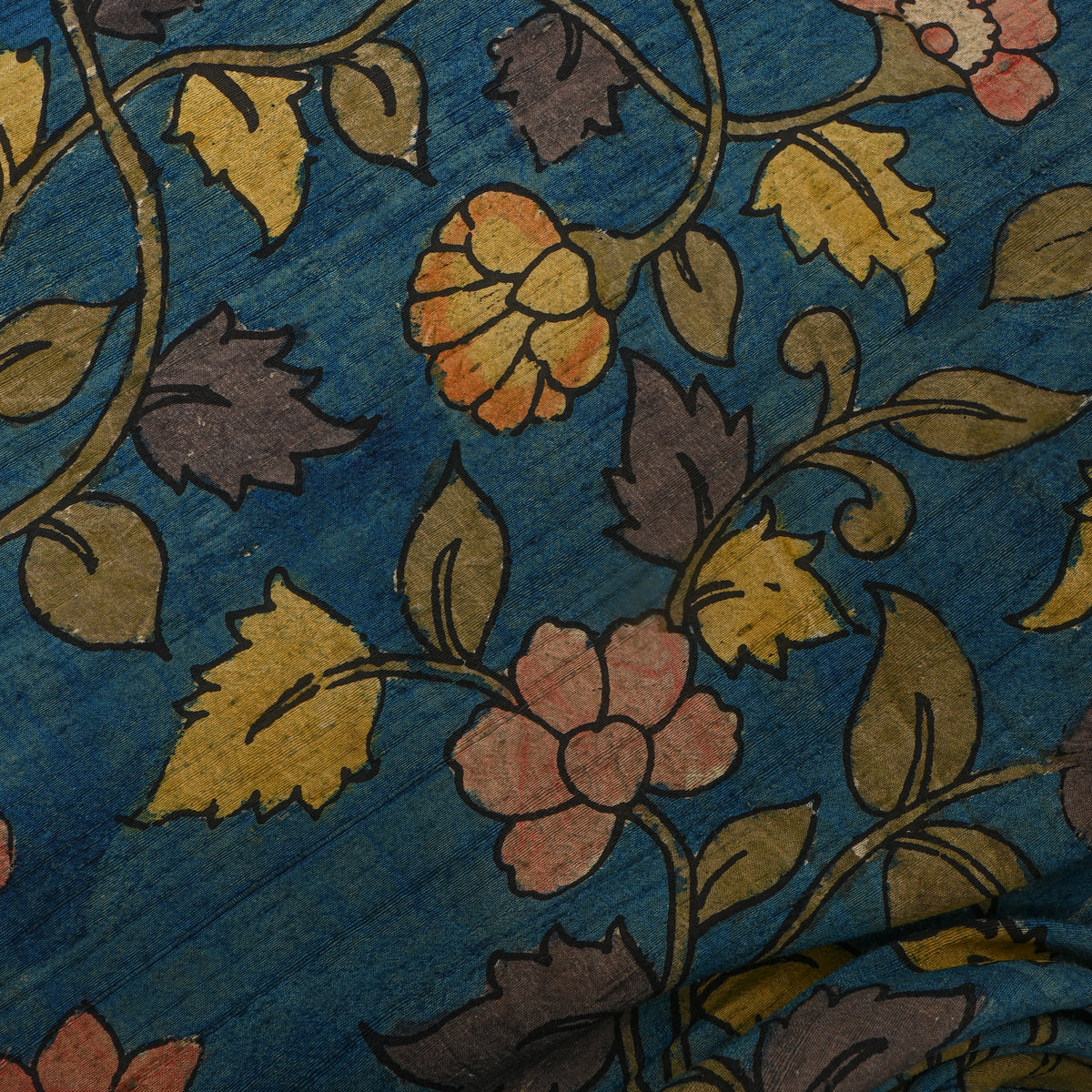 Peacock Blue Leafy Vine Kalamkari Handloom Silk Fabric