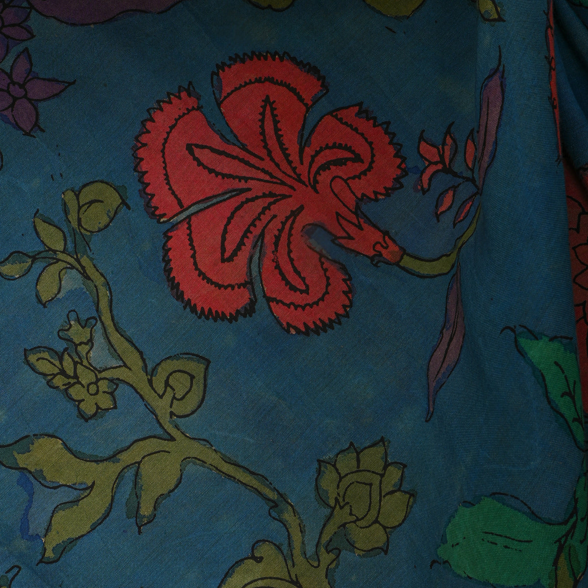 Peacock Blue Kalamkari Floral Hand-Painted Cotton Fabric