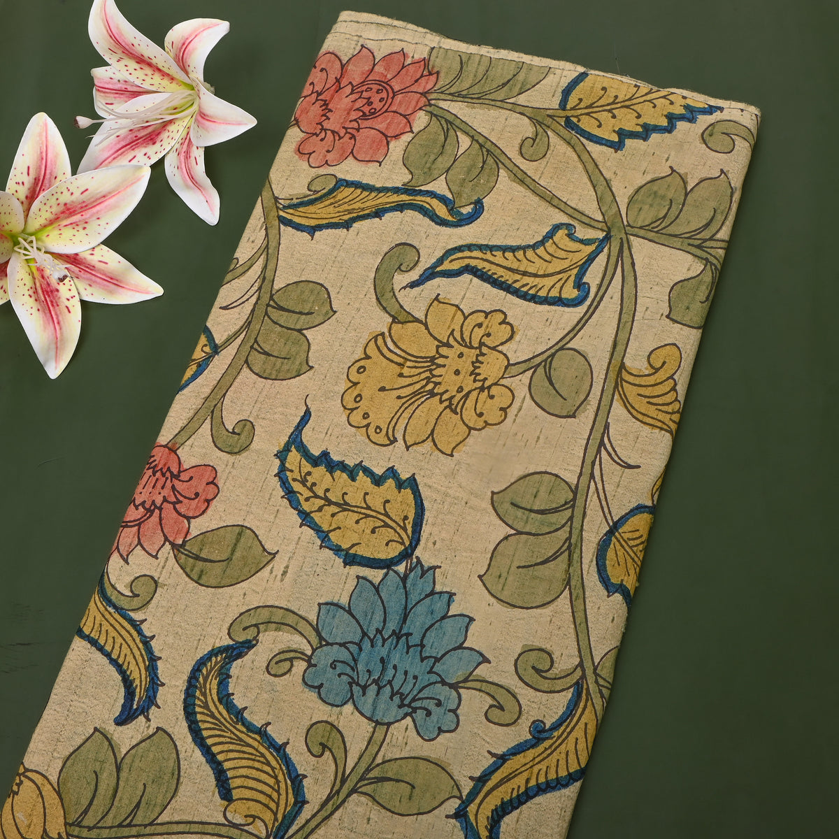 Straw Cream Paisley Vine Kalamkari Handloom Silk Fabric