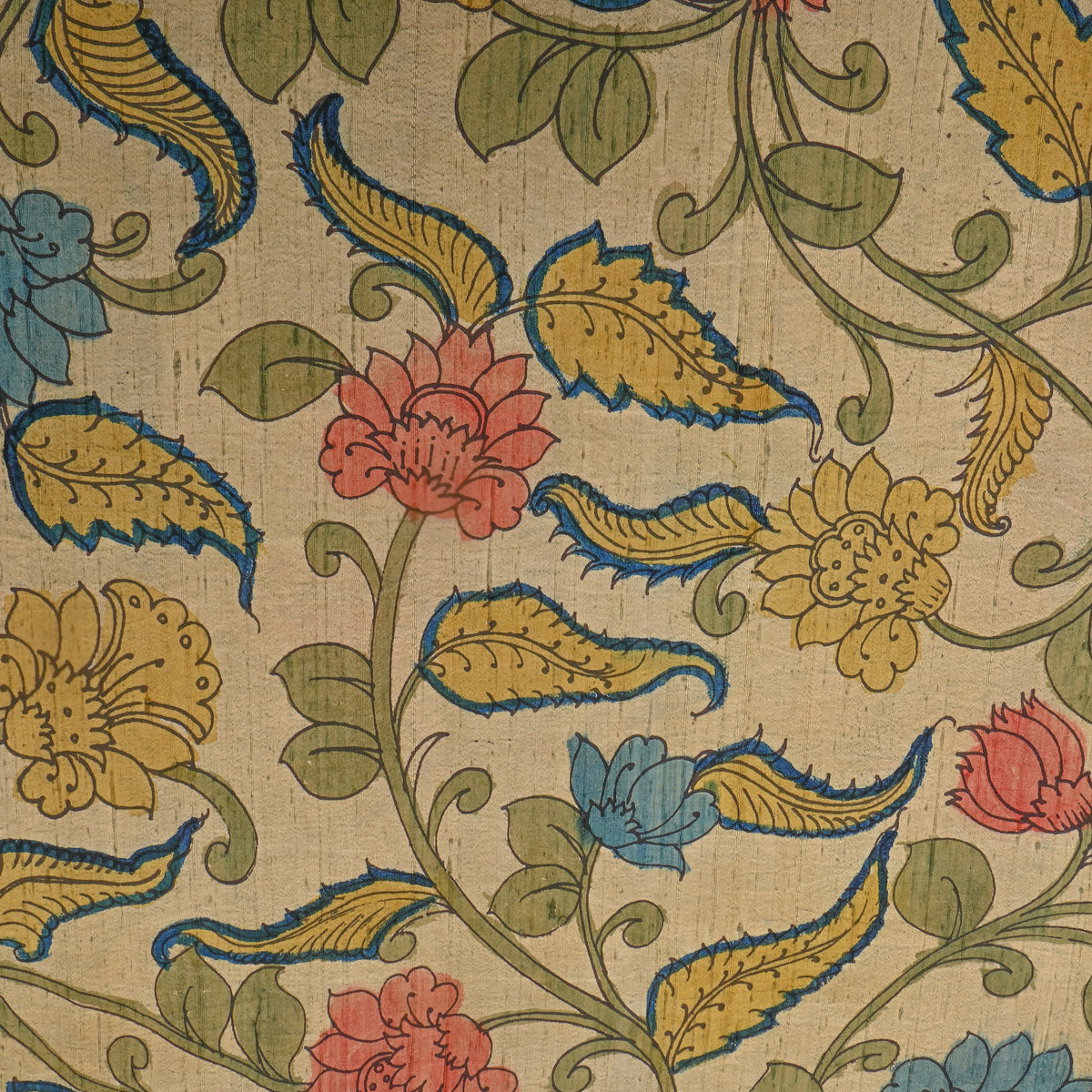 Straw Cream Paisley Vine Kalamkari Handloom Silk Fabric