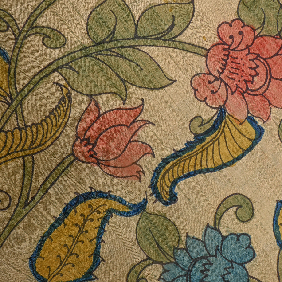 Straw Cream Paisley Vine Kalamkari Handloom Silk Fabric