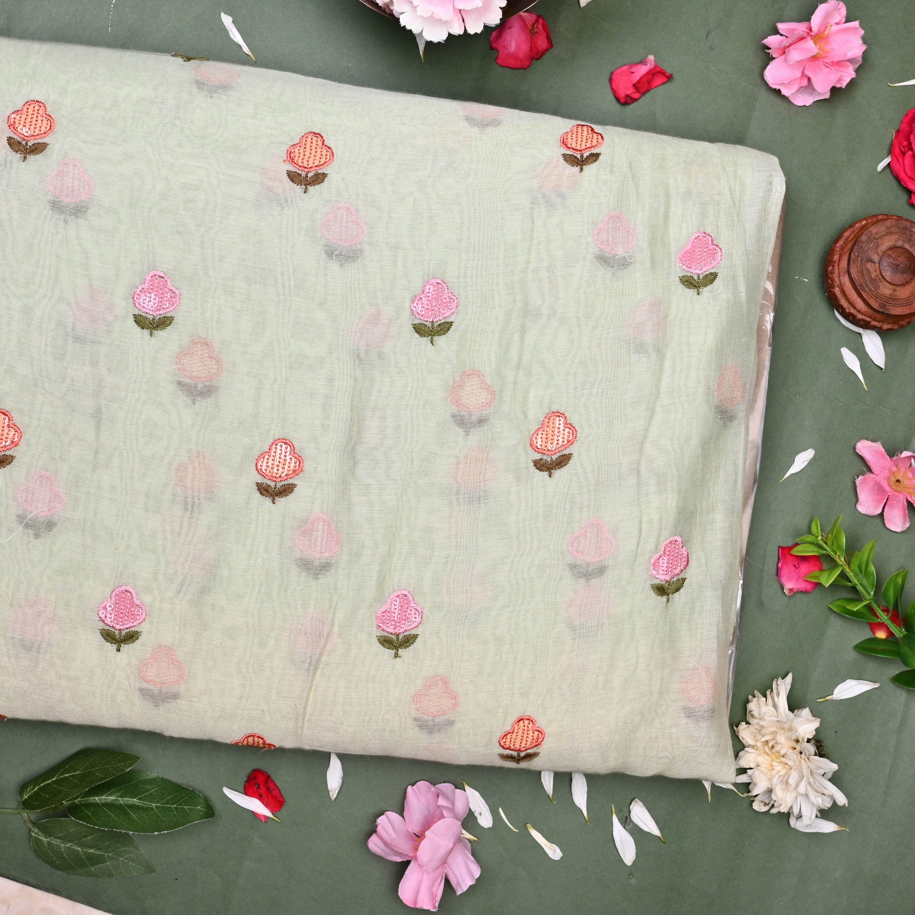 Soft Pale Green Chanderi Fabric With Embroidery