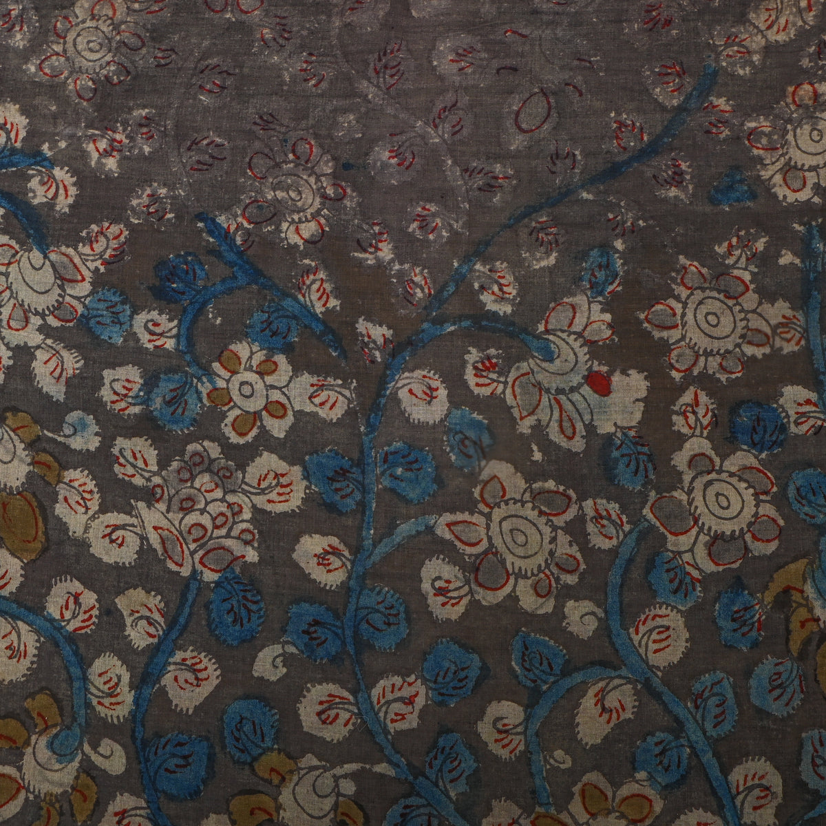 Ash Grey Floral Vine Kalamkari Handloom Cotton Fabric