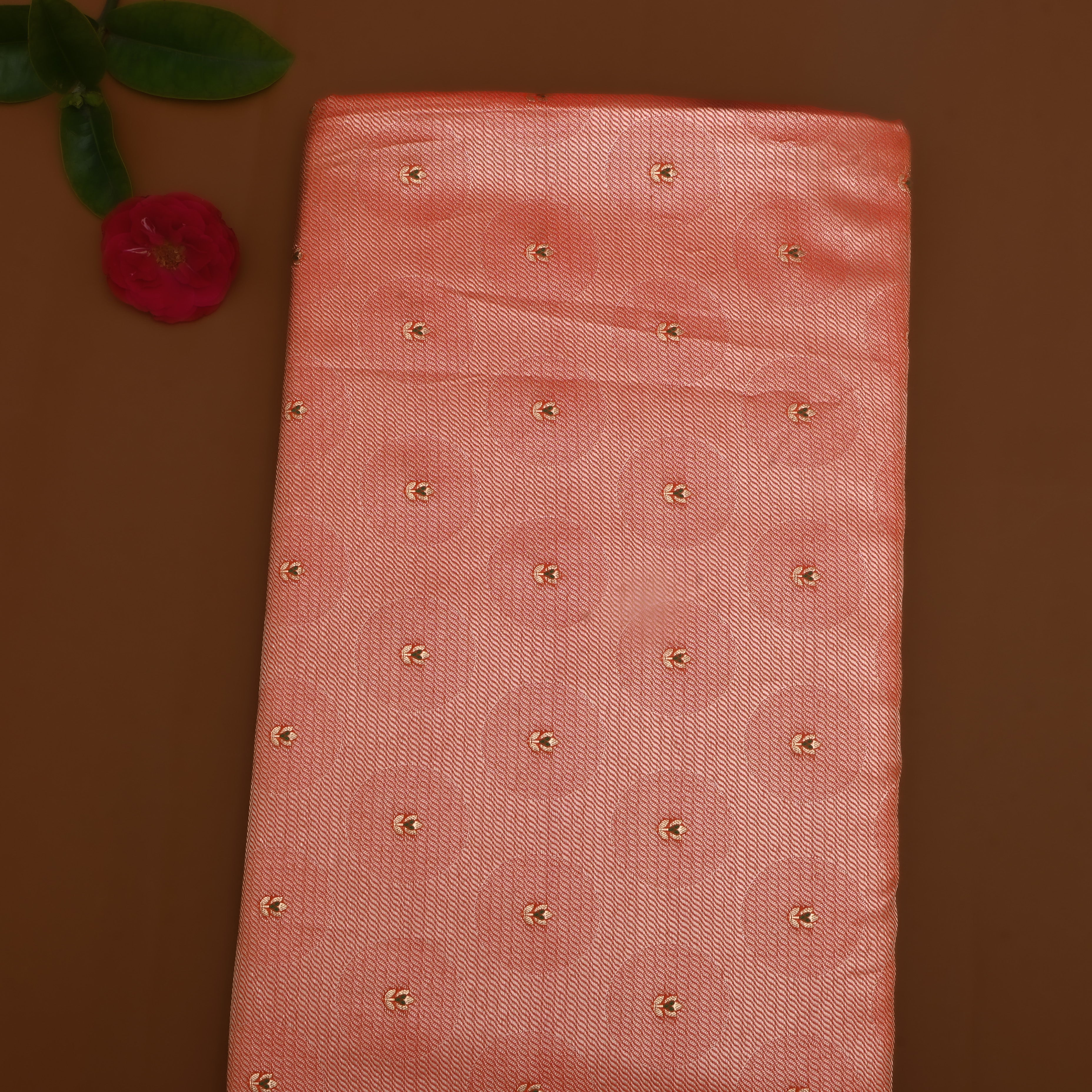 Peach Orange Floral Zari Silk Fabric