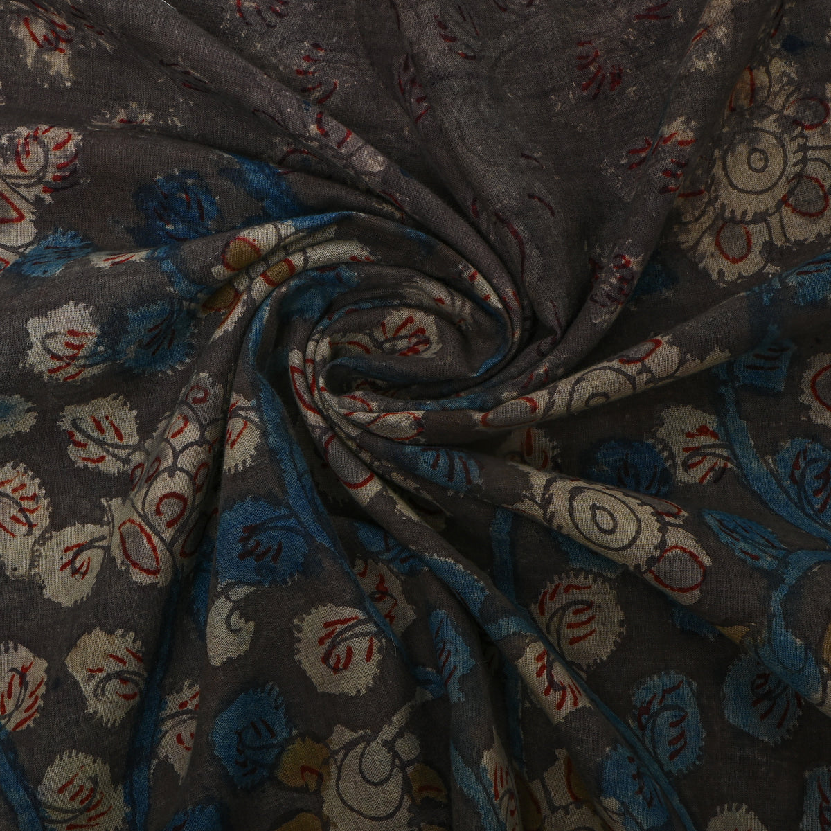 Ash Grey Floral Vine Kalamkari Handloom Cotton Fabric