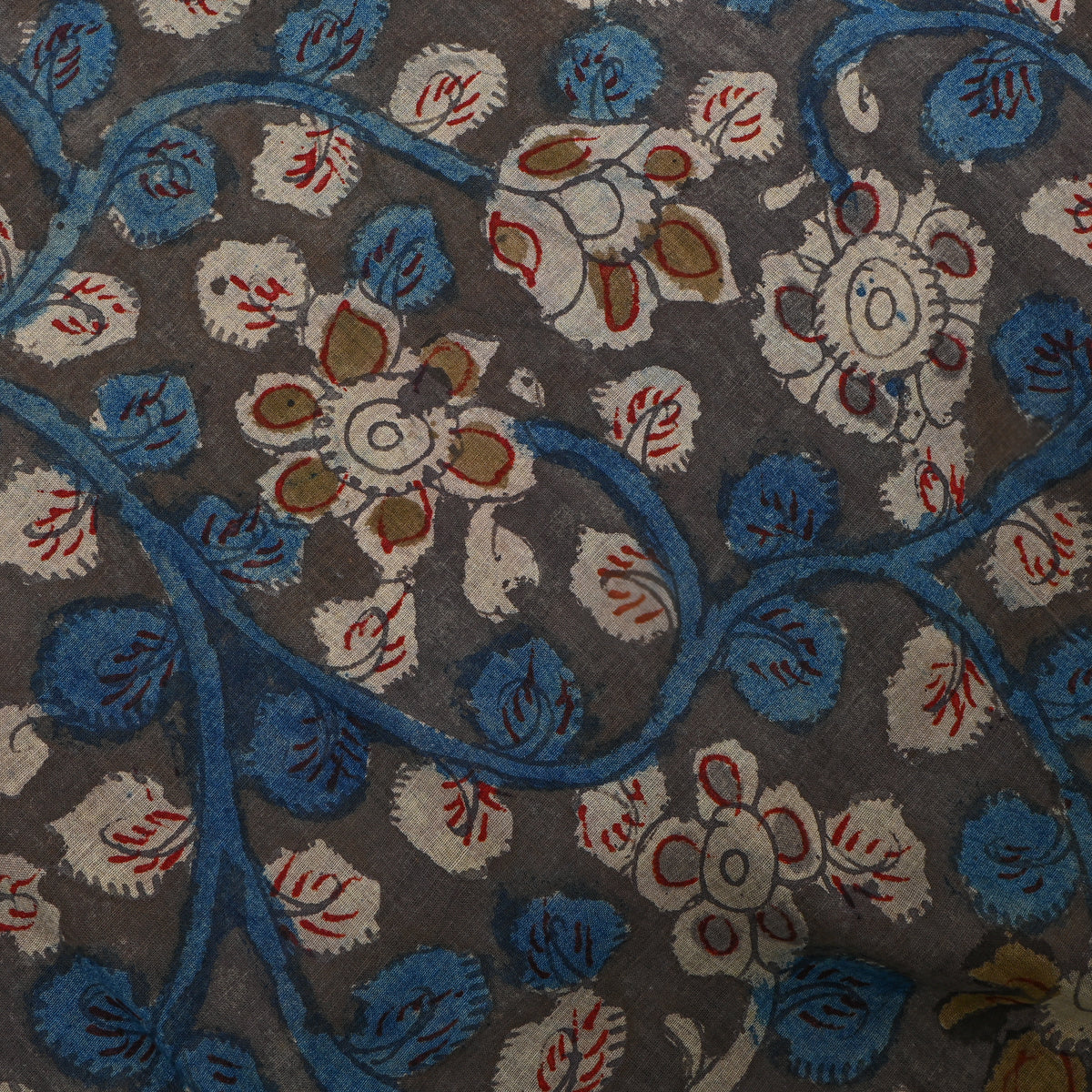 Ash Grey Floral Vine Kalamkari Handloom Cotton Fabric