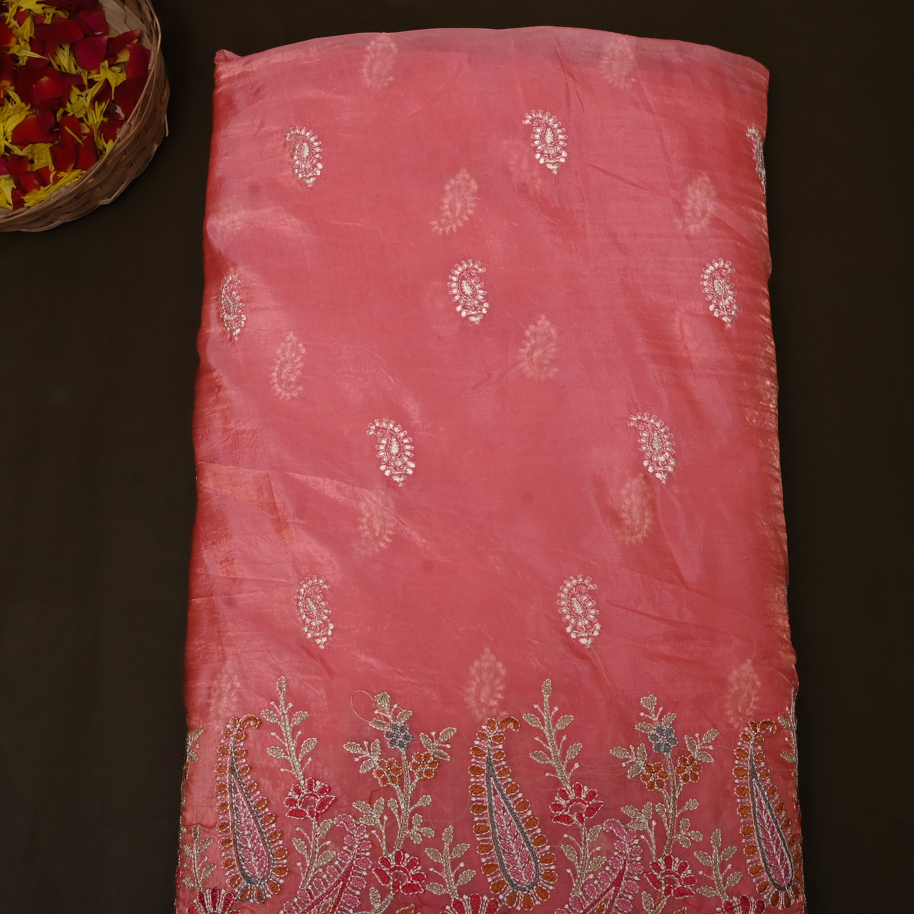 Rose Pink Paisley Thread Embroidered Tissue