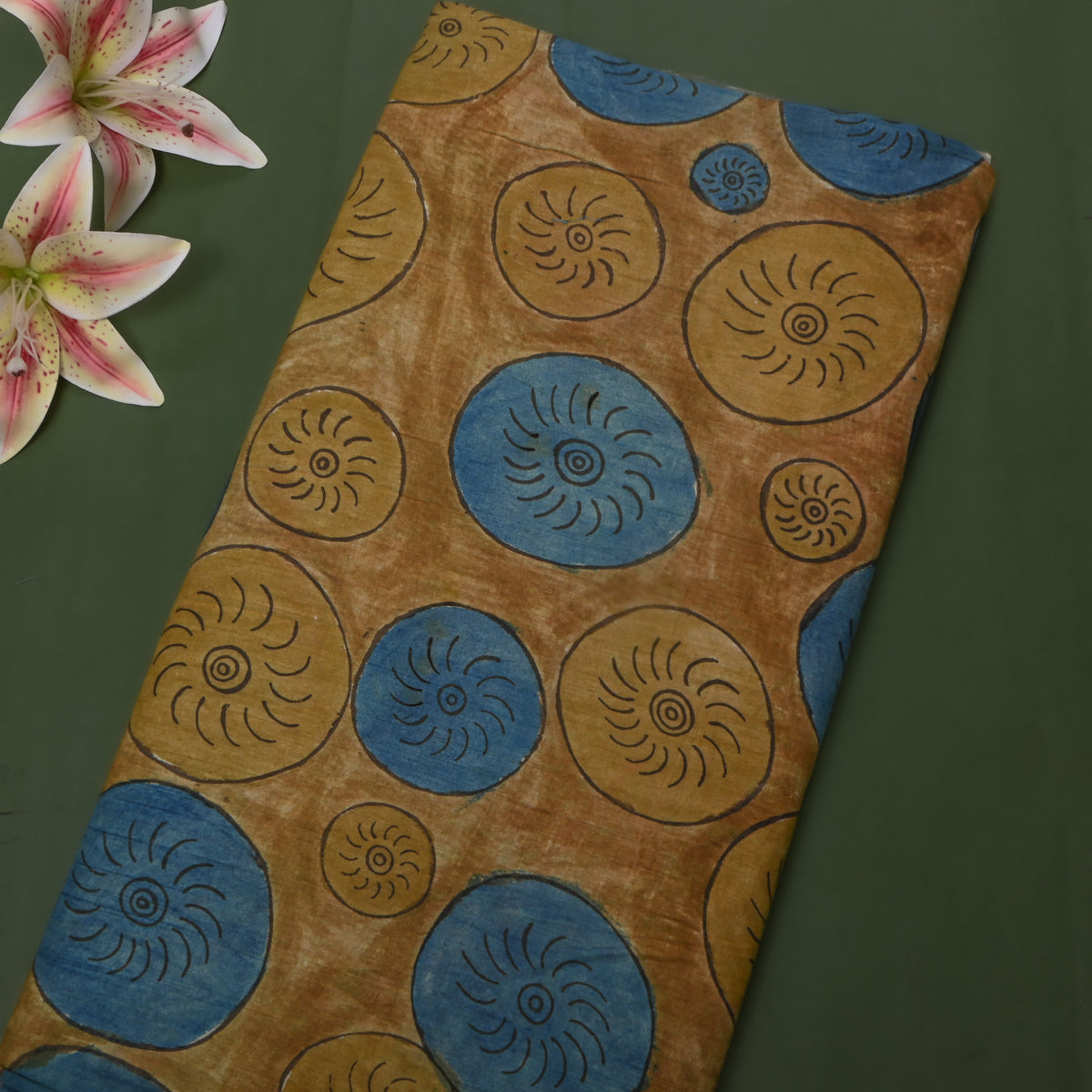 Mustard Round Motif Kalamkari Silk Fabric