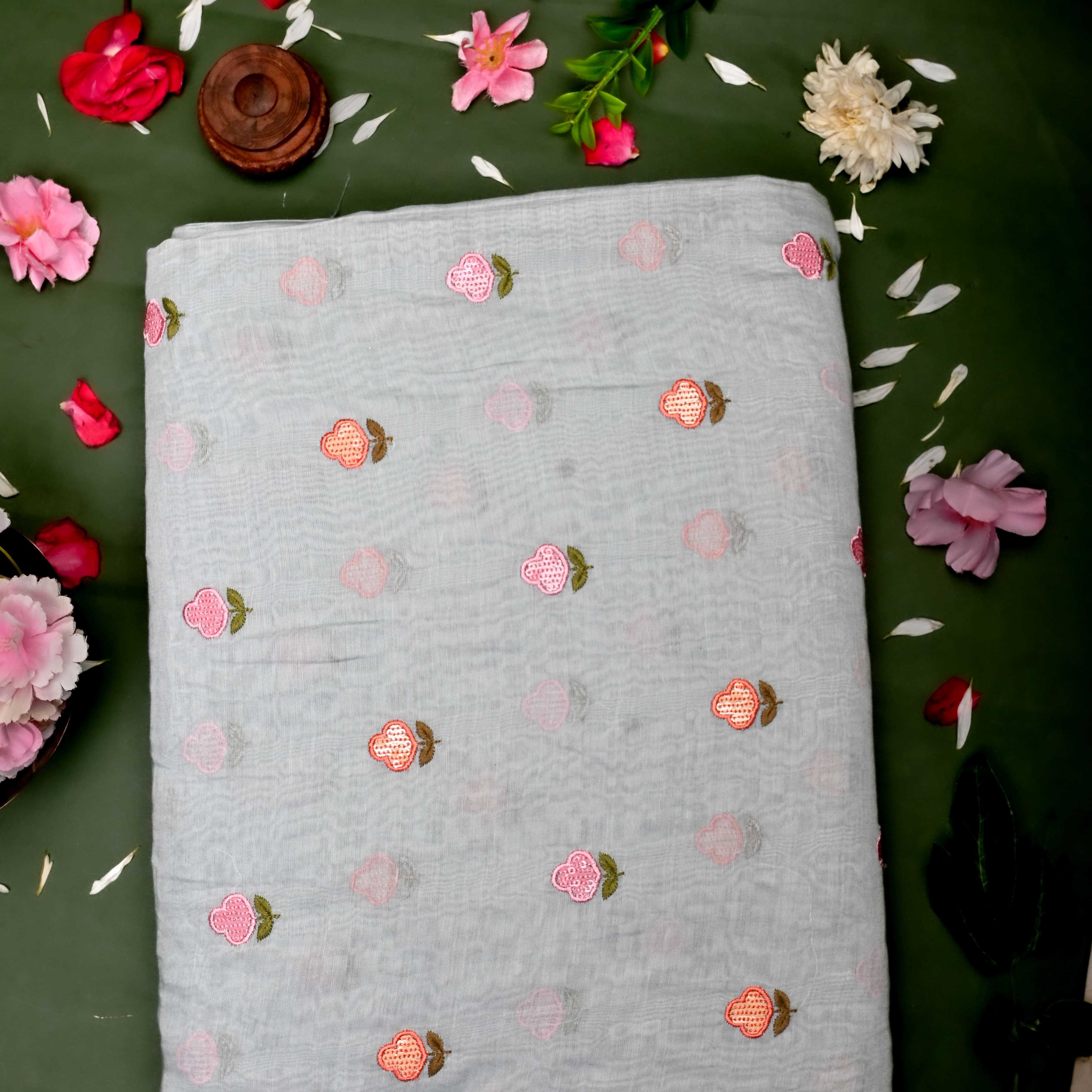 Grey Chanderi Fabric With Embroidery