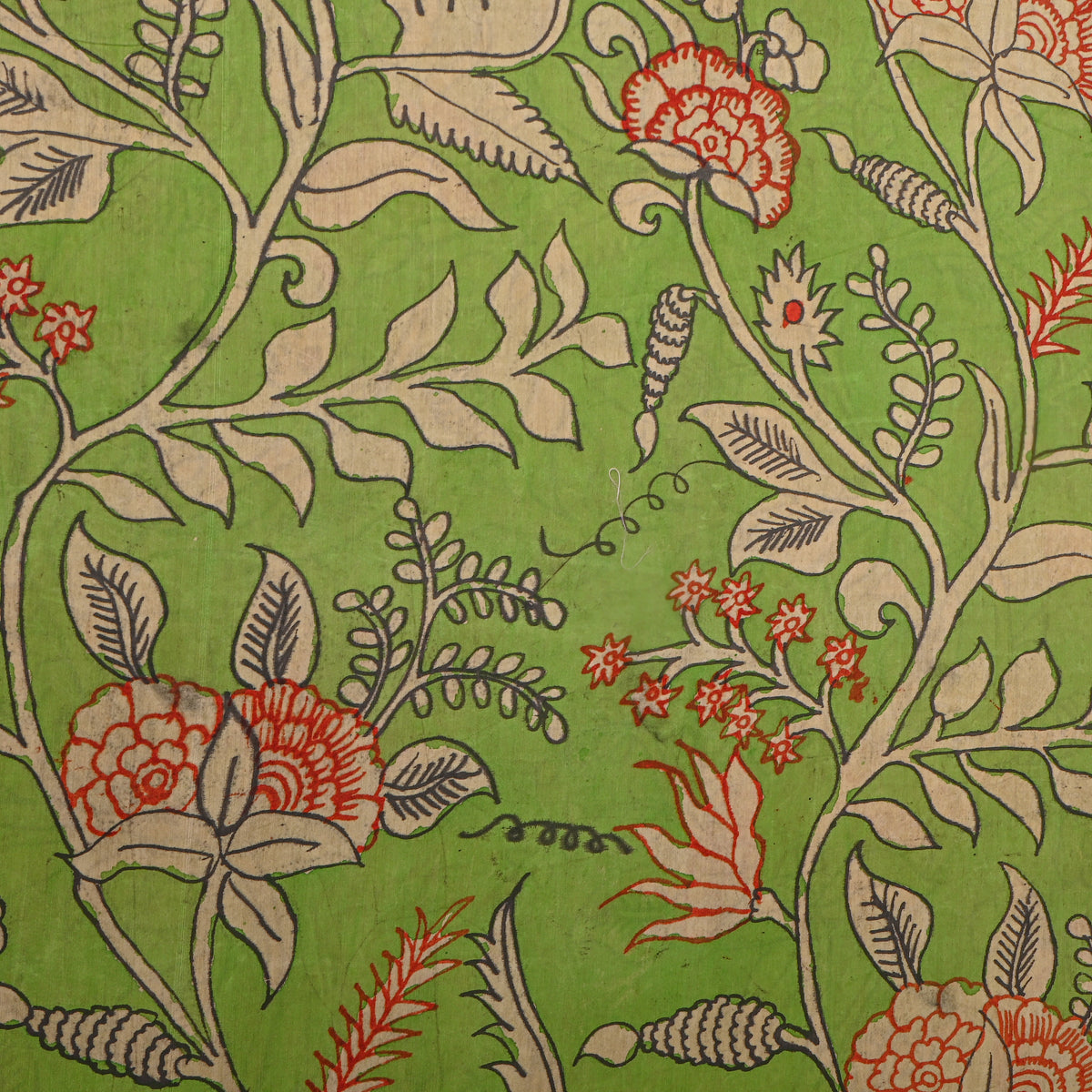 Parrot Green Floral Vine Kalamkari Handloom Cotton Fabric