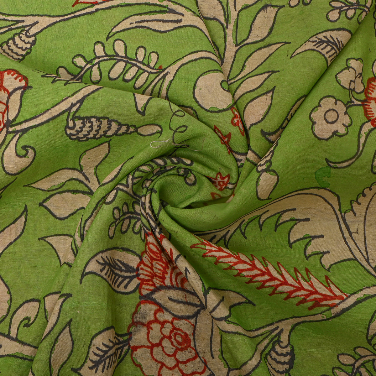Parrot Green Floral Vine Kalamkari Handloom Cotton Fabric