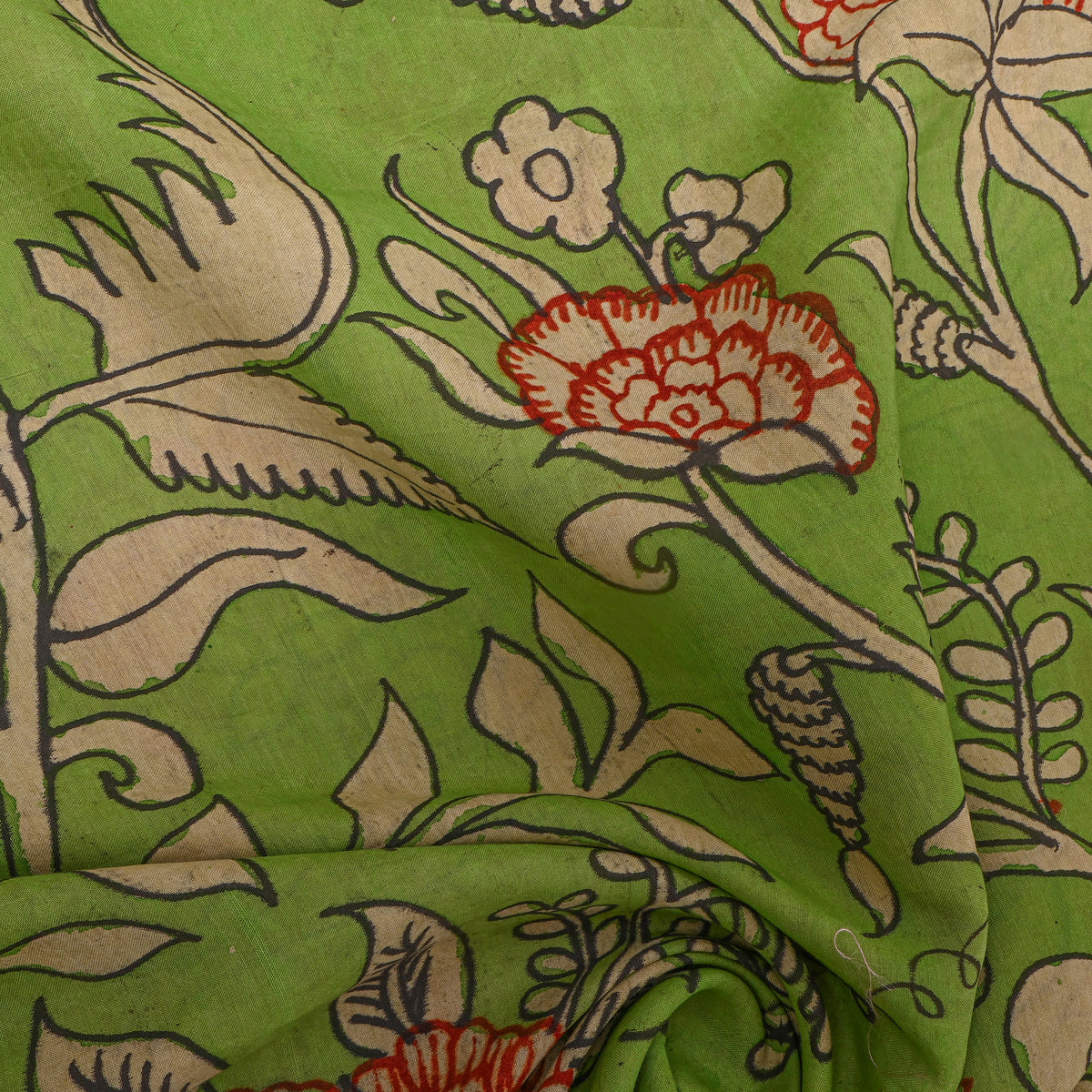 Parrot Green Floral Vine Kalamkari Handloom Cotton Fabric